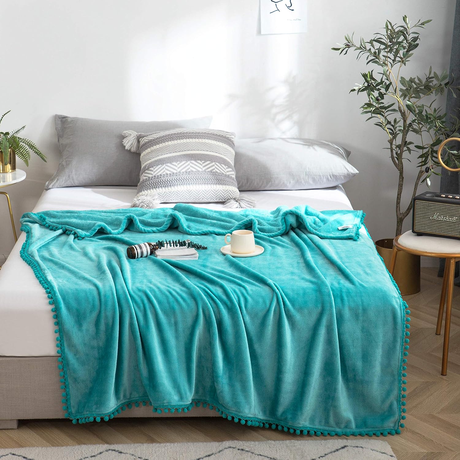 AYSW Flannel Fleece Throw Blanket Teal Pompom Ball 300 GSM Super Soft and Lightweight 5