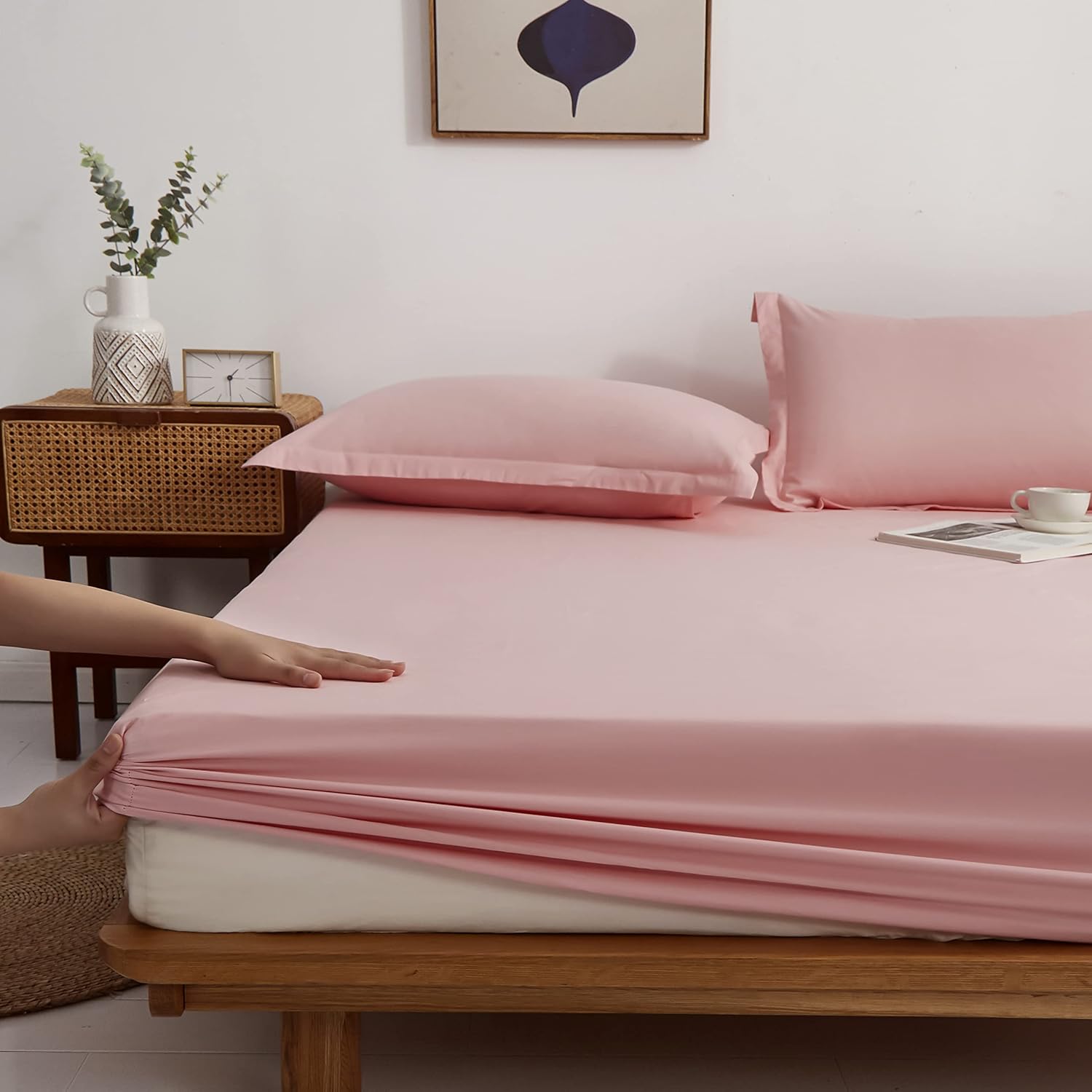 AYSW King Fitted Sheet Polyester with 40cm Deep Pocket and 360° all-around elastic NO Pillowcases Pink 4