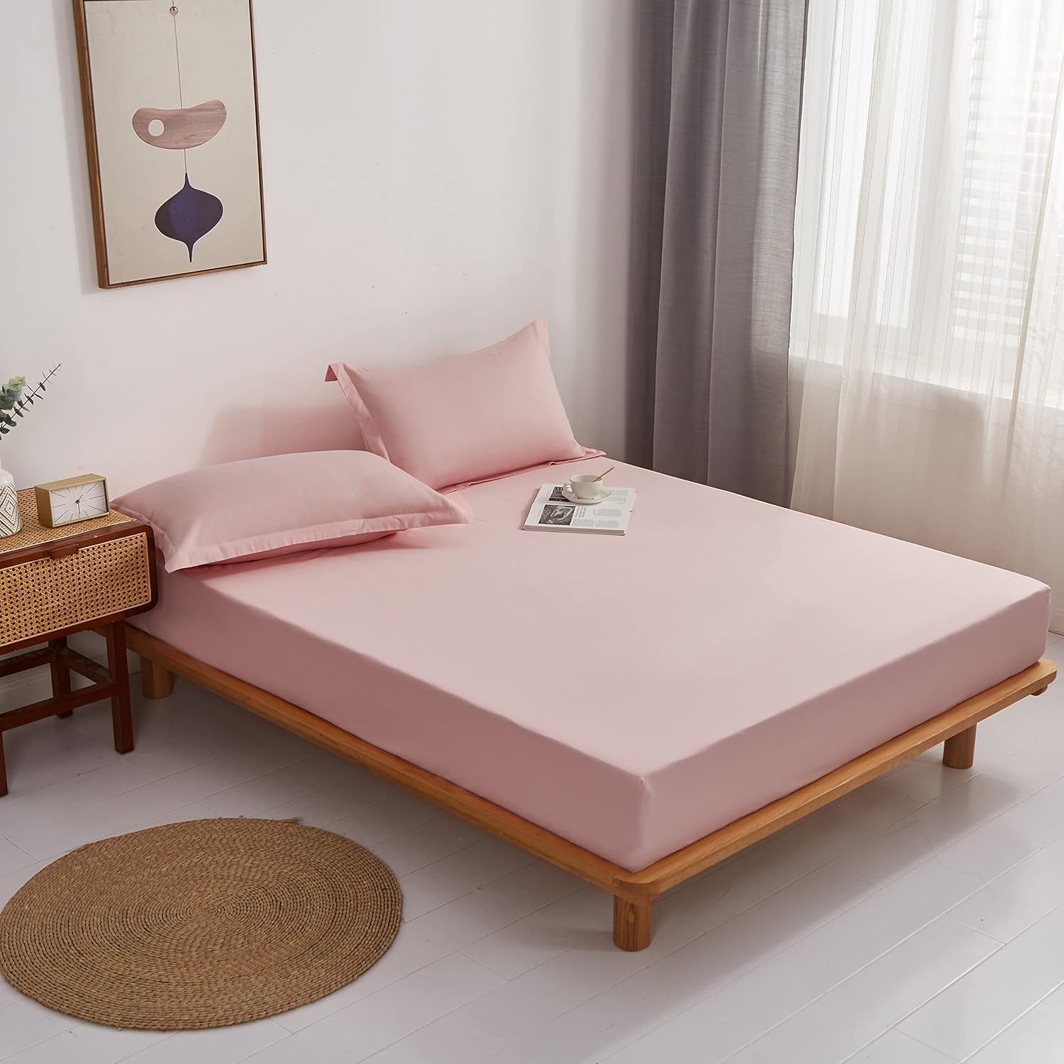 AYSW King Fitted Sheet Polyester with 40cm Deep Pocket and 360° all-around elastic NO Pillowcases Pink 3