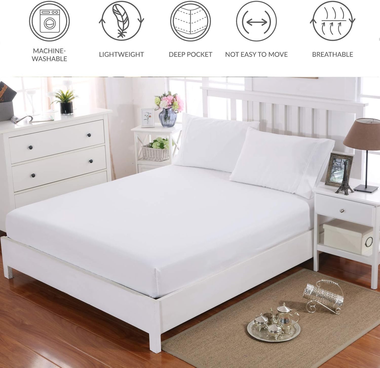AYSW Double Fitted Sheet Polyester with 30cm Deep Pocket and 360° all-around elastic NO Pillowcases White 5