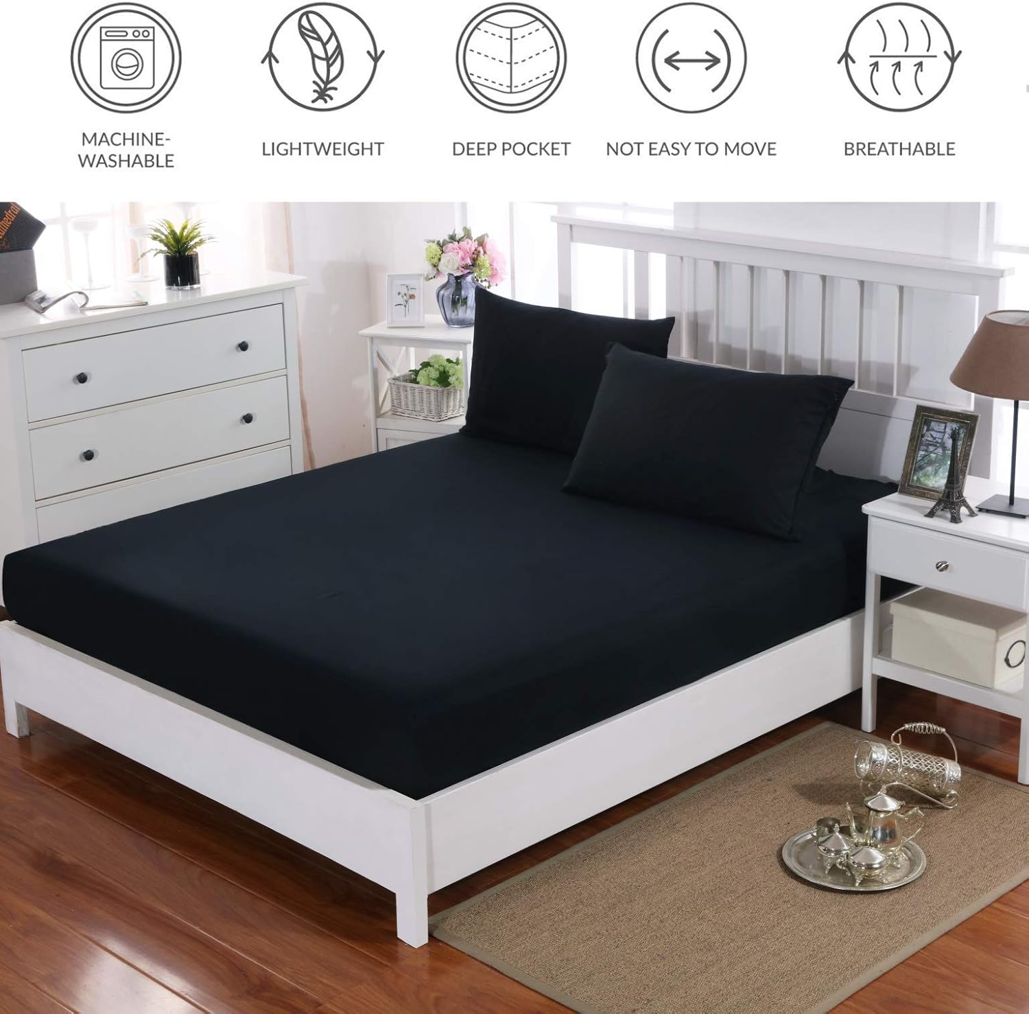 AYSW Double Fitted Sheet Polyester with 30cm Deep Pocket and 360° all-around elastic NO Pillowcases Black 5
