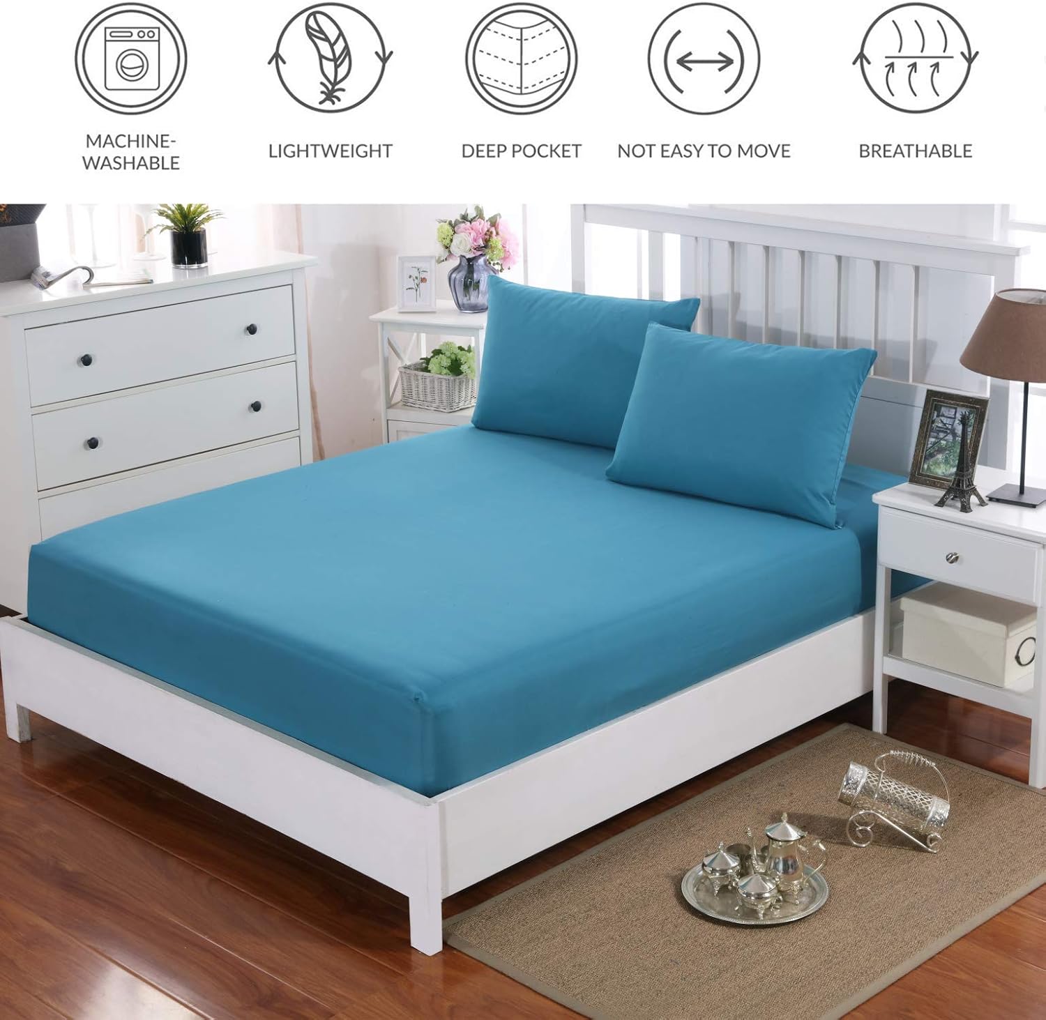 AYSW Double Fitted Sheet Polyester/Brushed Microfiber with 30cm Deep Pocket and 360° all-around elastic NO Pillowcases Teal 5