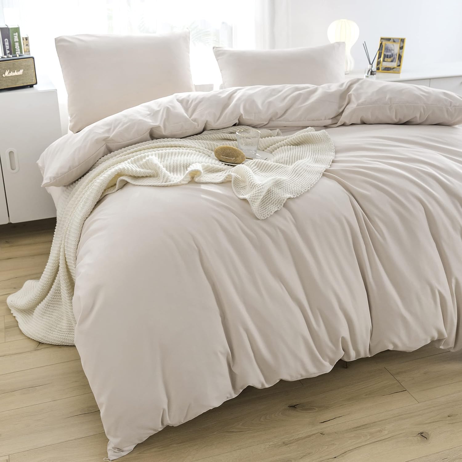 Mikrofaser Bettwäsche 155x220 cm + Kissenbezug 80x80 cm - Weiche Flauschige Bettbezug Set, 2 teilig, Beige 3