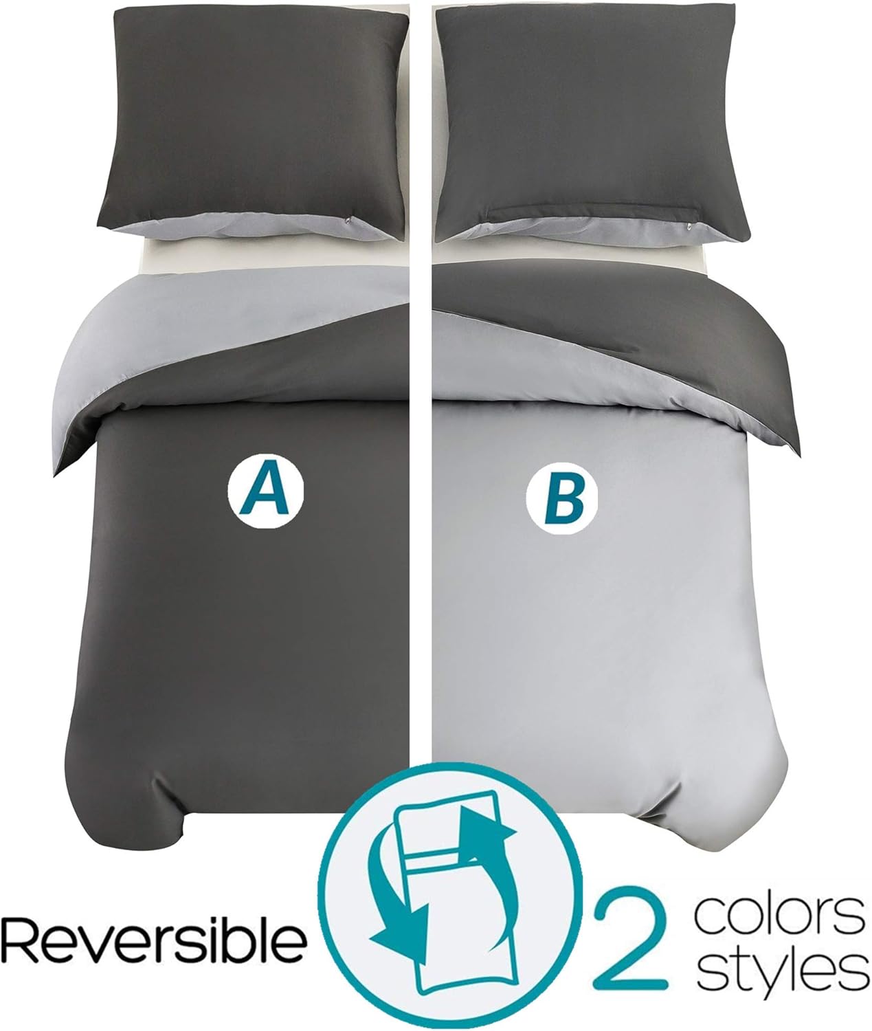 Microfiber Bedding 200x220 cm + 2X Pillowcase 80x80 cm - Soft Fluffy Duvet Cover Set, 3 piece, Anthracite/Light Grey 2