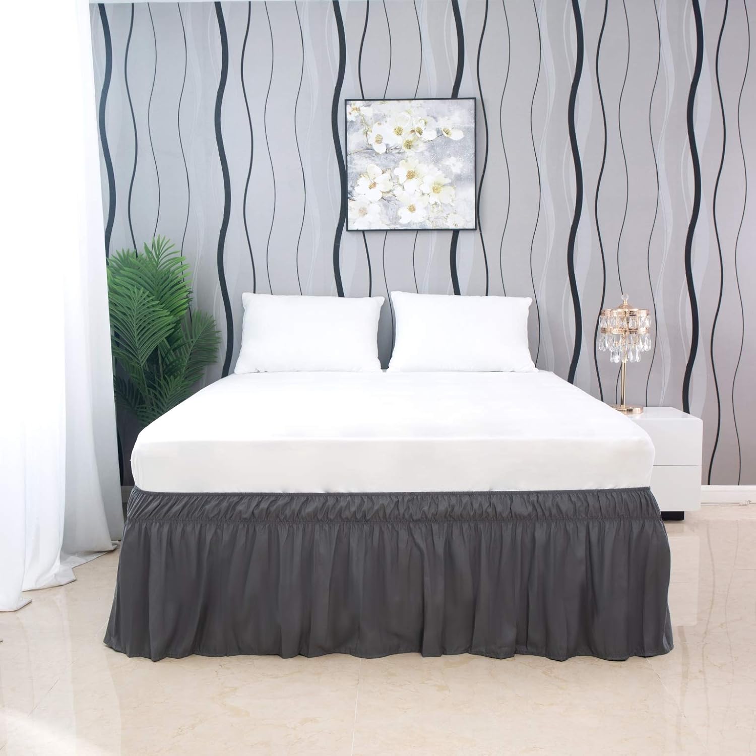 AYSW Wrap Around Bed Skirts 15 Inch Drop with Elastic No Top Cover Dust Ruffles Queen-King Size Gray 4