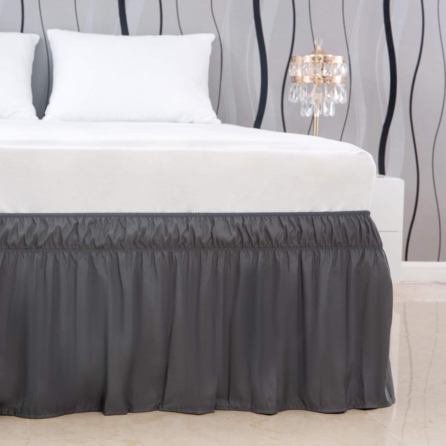 AYSW Wrap Around Bed Skirts 15 Inch Drop with Elastic No Top Cover Dust Ruffles Queen-King Size Gray 2