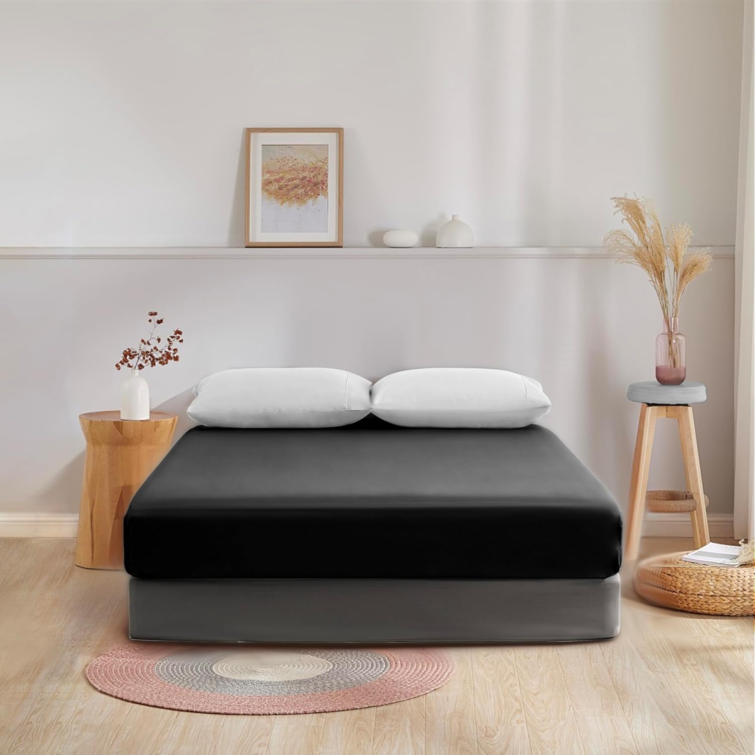 AYSW Fitted Bottom Sheet Queen Black Premium Brushed Microfiber Ultra-Soft Shrink and Fade Resistant Elastic All Around Deep Pocket 2