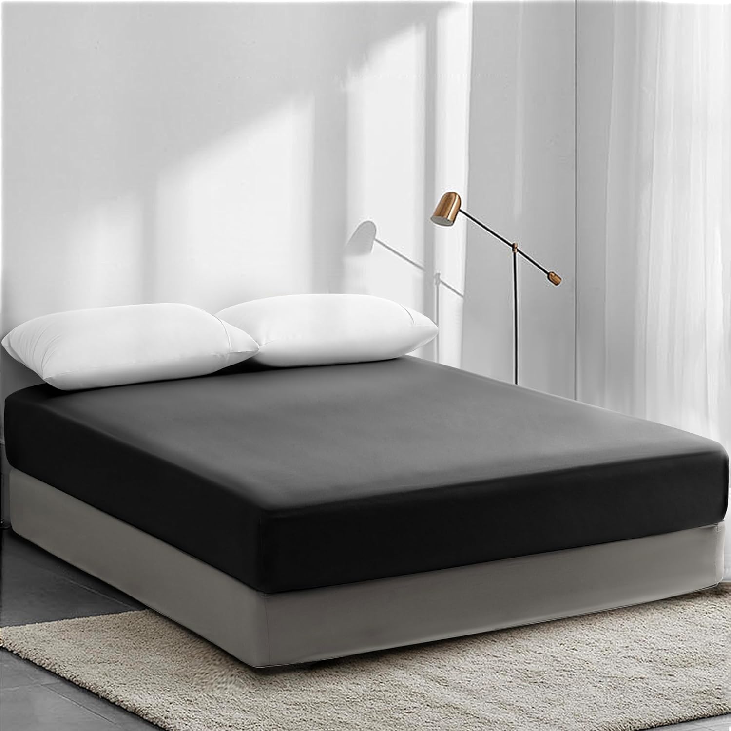 AYSW Fitted Bottom Sheet Queen Black Premium Brushed Microfiber Ultra-Soft Shrink and Fade Resistant Elastic All Around Deep Pocket 3
