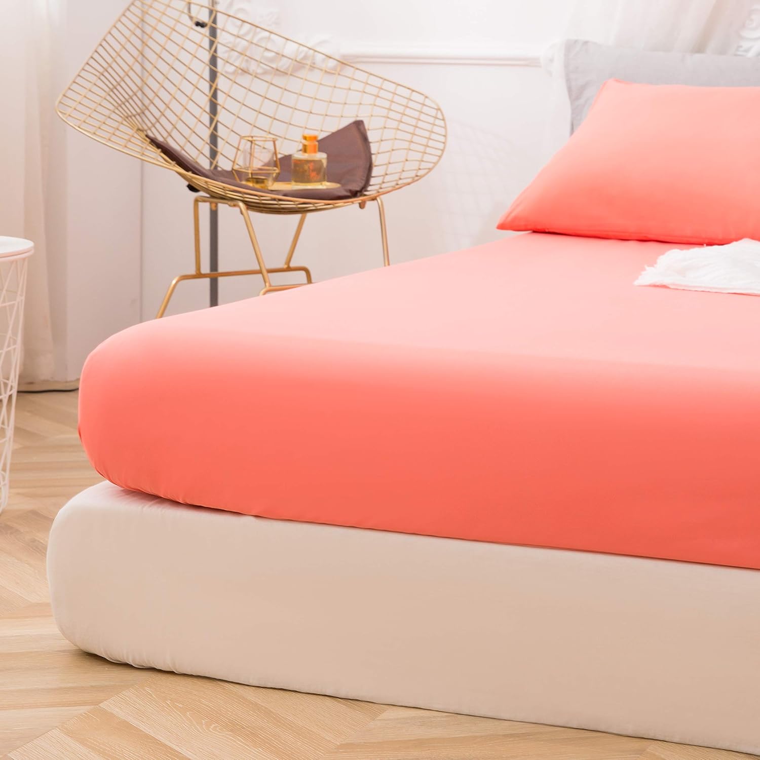 AYSW Fitted Bottom Sheet Queen Coral Premium Brushed Microfiber Ultra-Soft Shrink and Fade Resistant Elastic All Around Deep Pocket 4
