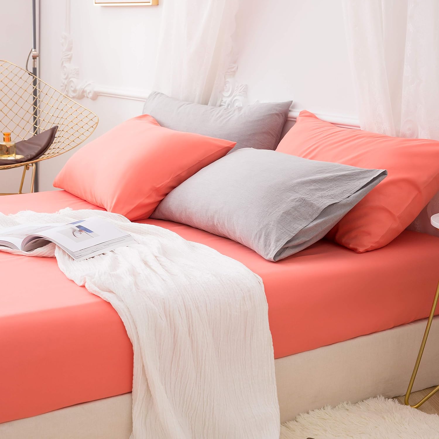 AYSW Fitted Bottom Sheet Queen Coral Premium Brushed Microfiber Ultra-Soft Shrink and Fade Resistant Elastic All Around Deep Pocket 3