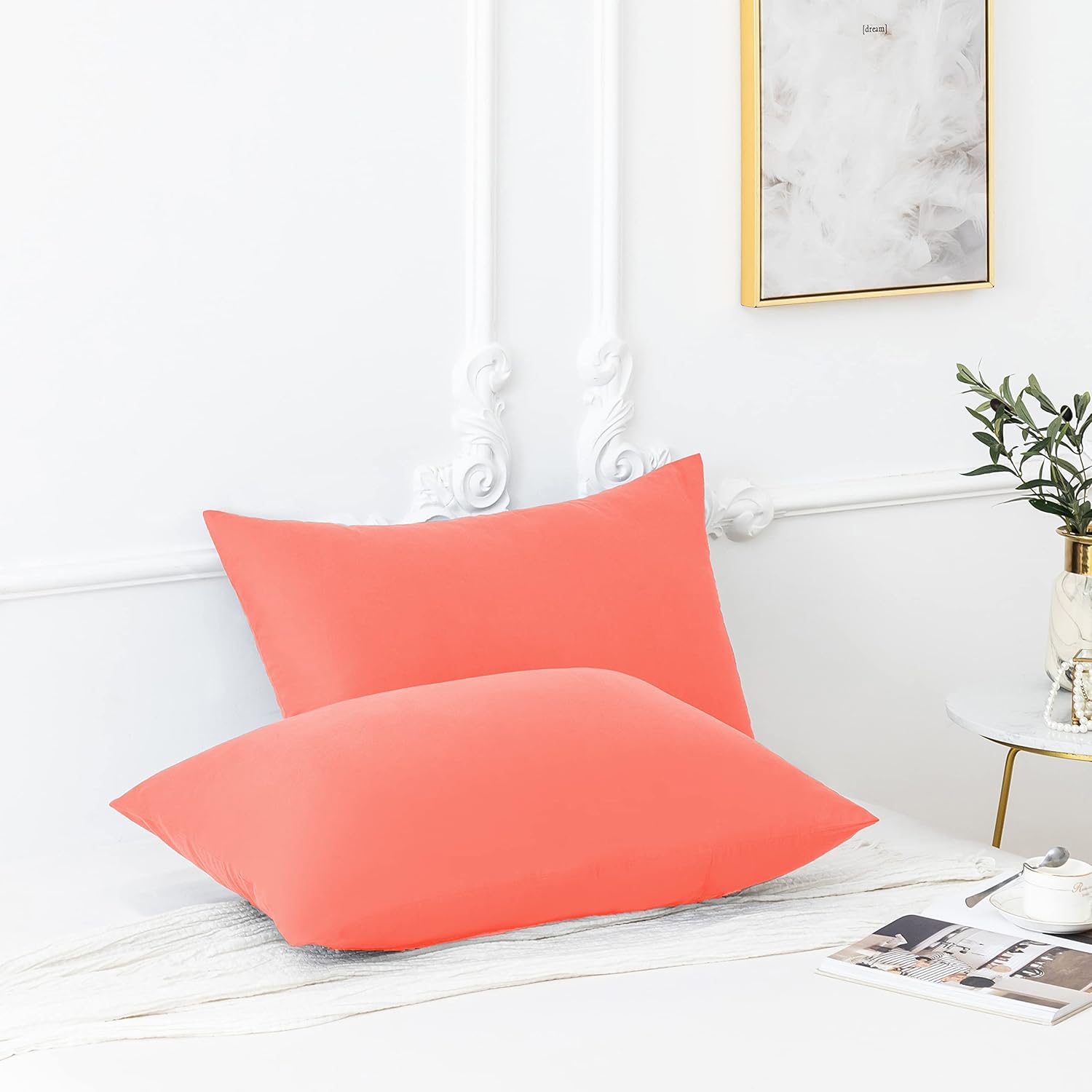 AYSW Pillowcases Set of 2 Bed Pillow Cover Brushed Microfiber Envelope Closure King Size 20"x40" Light Coral Easy Care 5