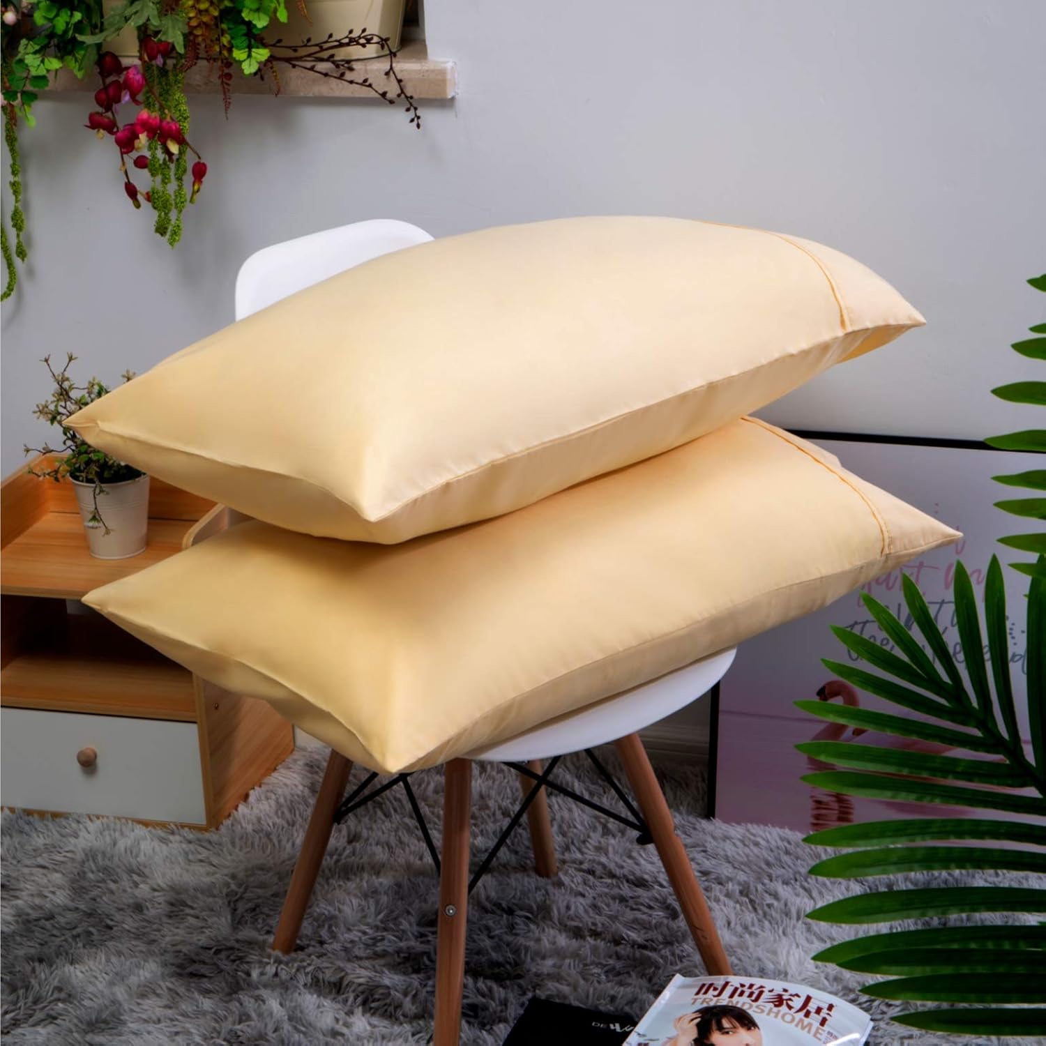 AYSW Pillowcases Set of 2 Bed Pillow Cover Brushed Microfiber Envelope Closure Queen Size 20"x30" Light Yellow Soft and Cozy Easy Care 4
