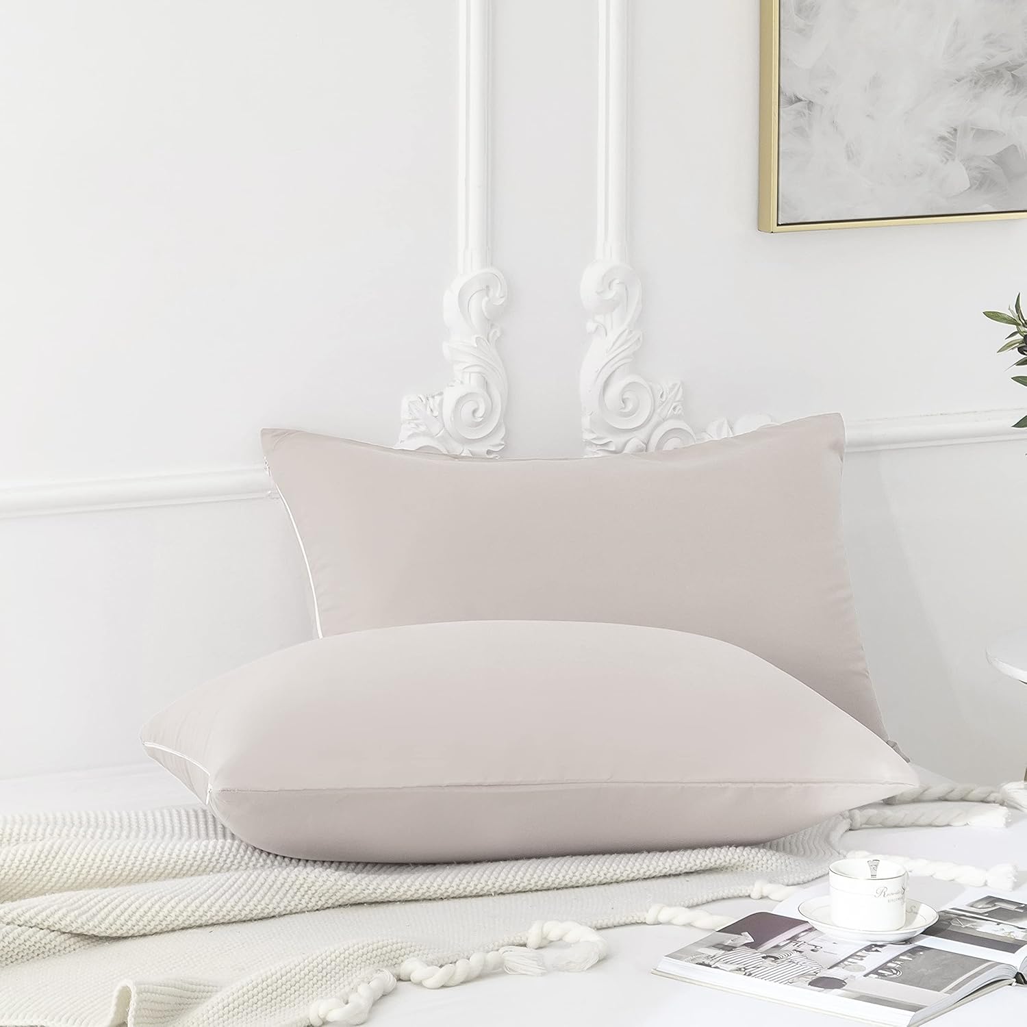Federkissen für Doppelbett aus Mikrofaser, Kissenbezug mit Reißverschluss, Einfarbig, Beige 50 x 80 cm 3
