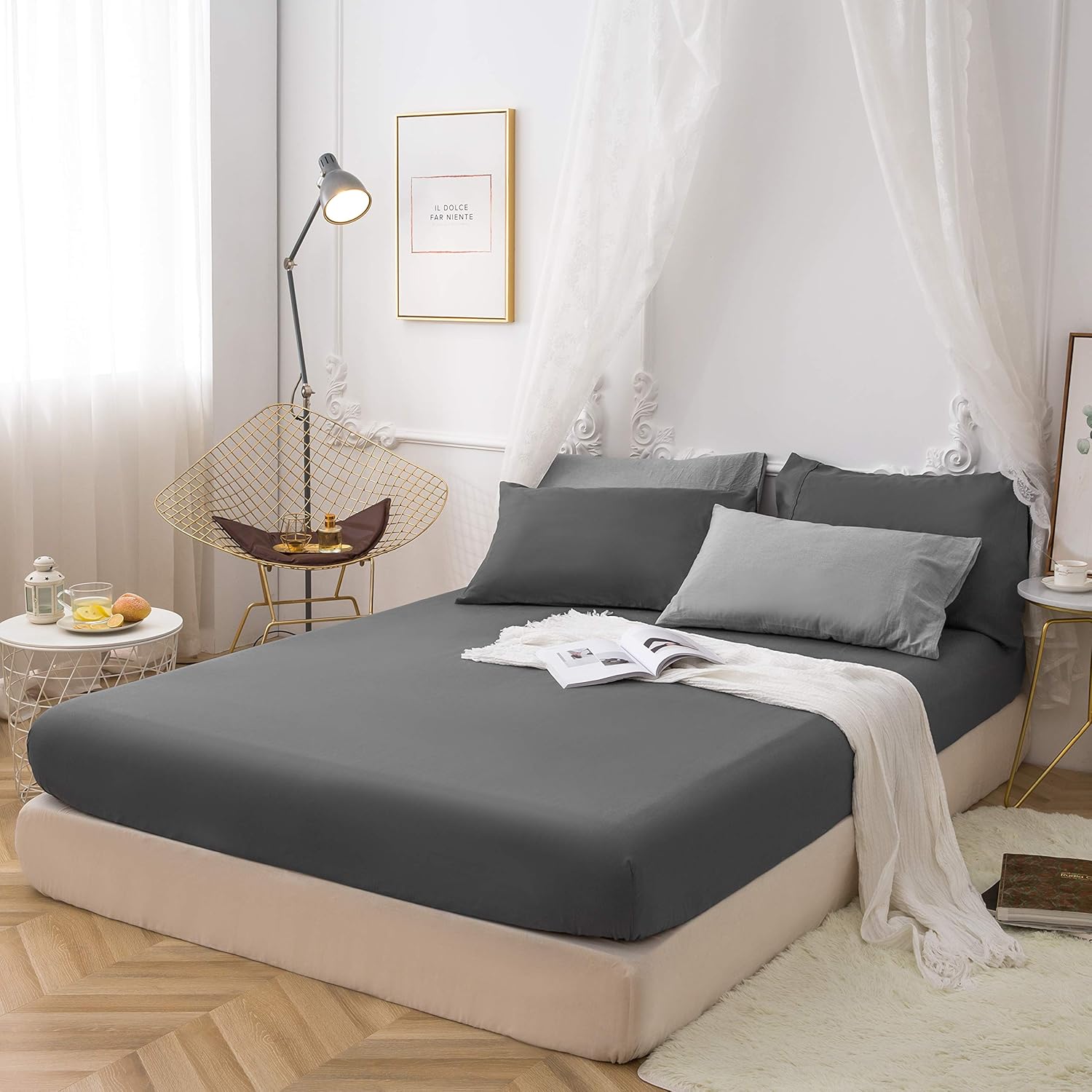 Lenzuolo con Angoli, Elasticizzati in Microfibra, 140x200x30cm, Grigio Scuro 2
