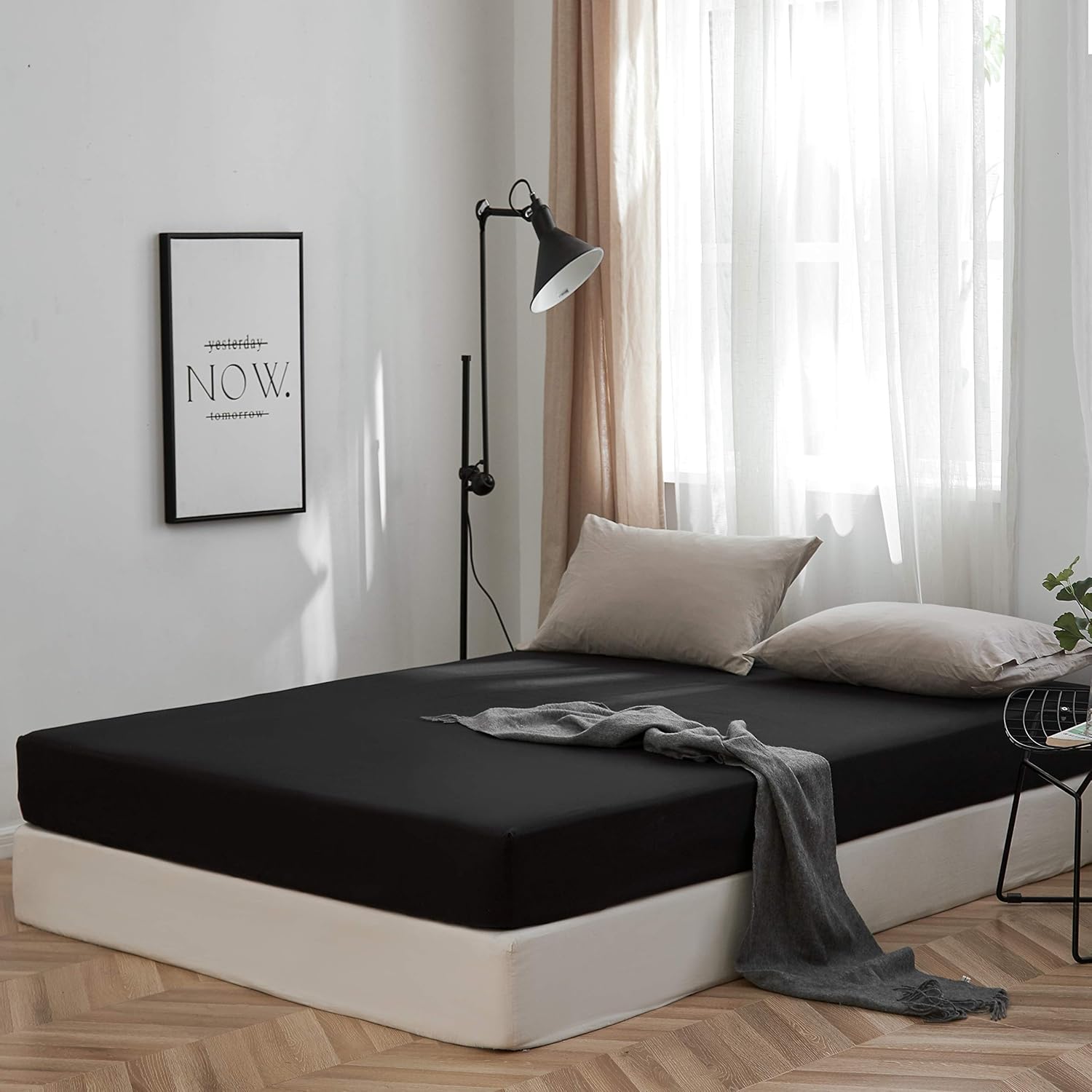 Lenzuolo con Angoli, Elasticizzati in Microfibra, 180x200x30cm, Nero 2