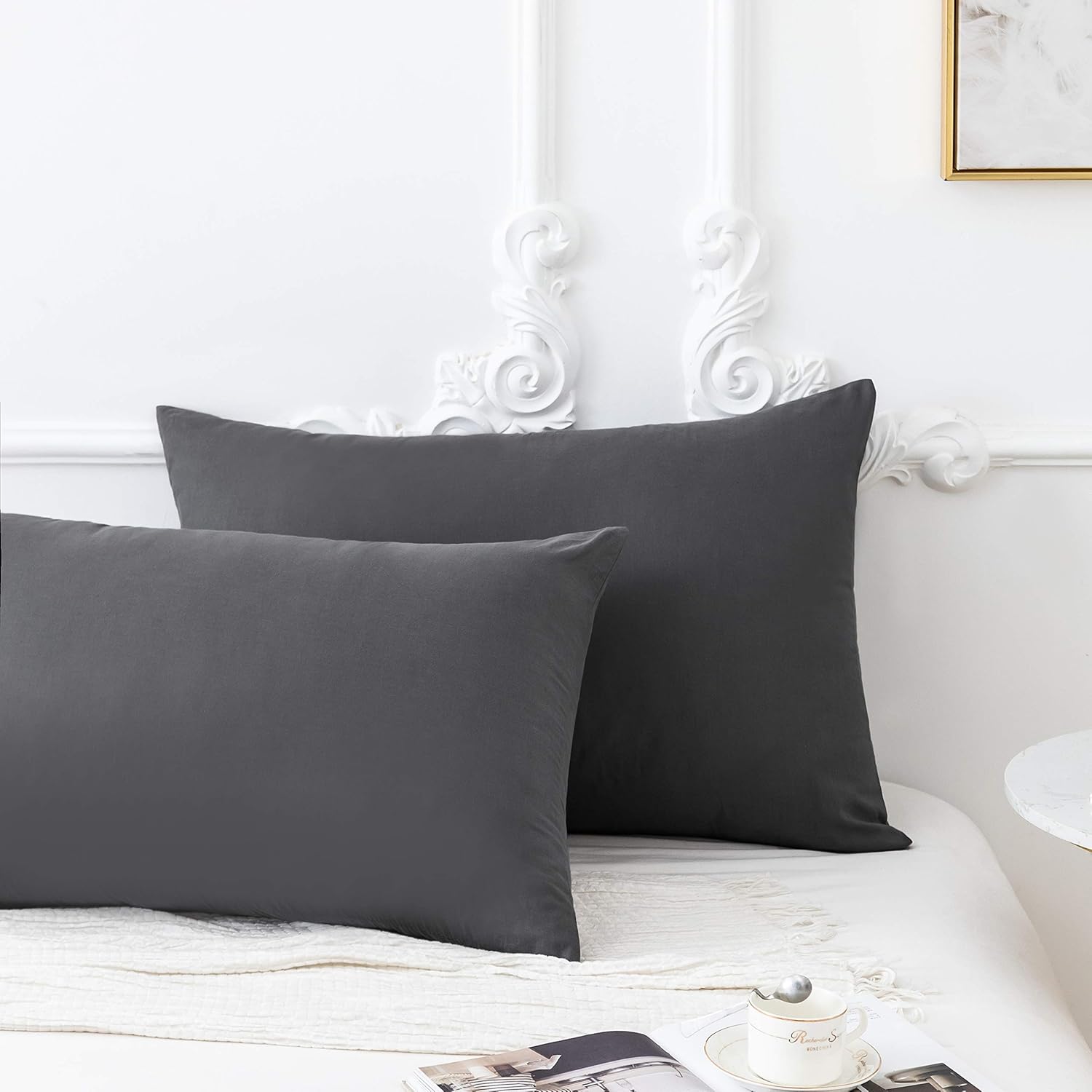 Federe Cuscino Letto Matrimoniale in Microfibra, Federa con Cerniera, Tinta Unita, Grigio Scuro 50 x 75 cm 3