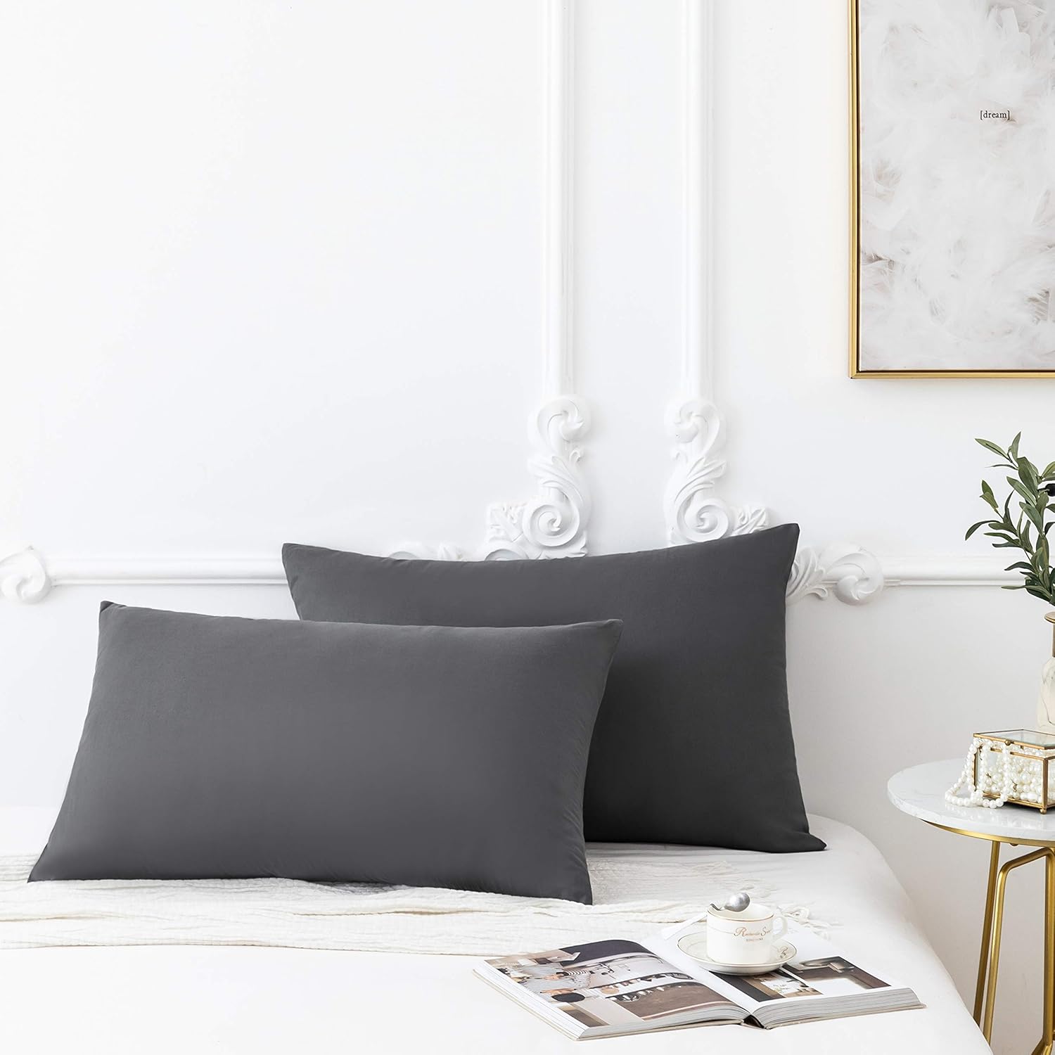 Federe Cuscino Letto Matrimoniale in Microfibra, Federa con Cerniera, Tinta Unita, Grigio Scuro 50 x 75 cm 2