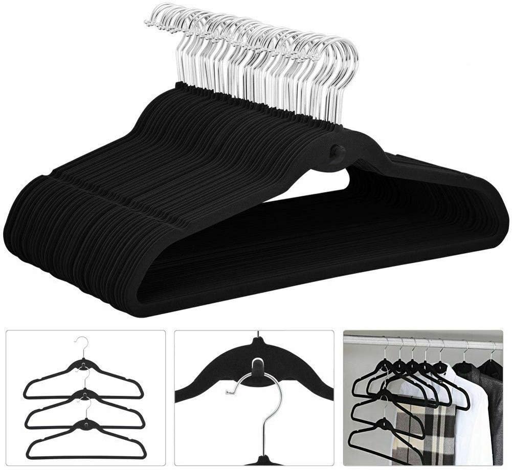 10er-Set hochwertige Kleiderbügel aus Samt - 360° drehbar - Für Garderobe, Hemd, Anzug, Hose, Rock, Kleiderbügel schwarz 3