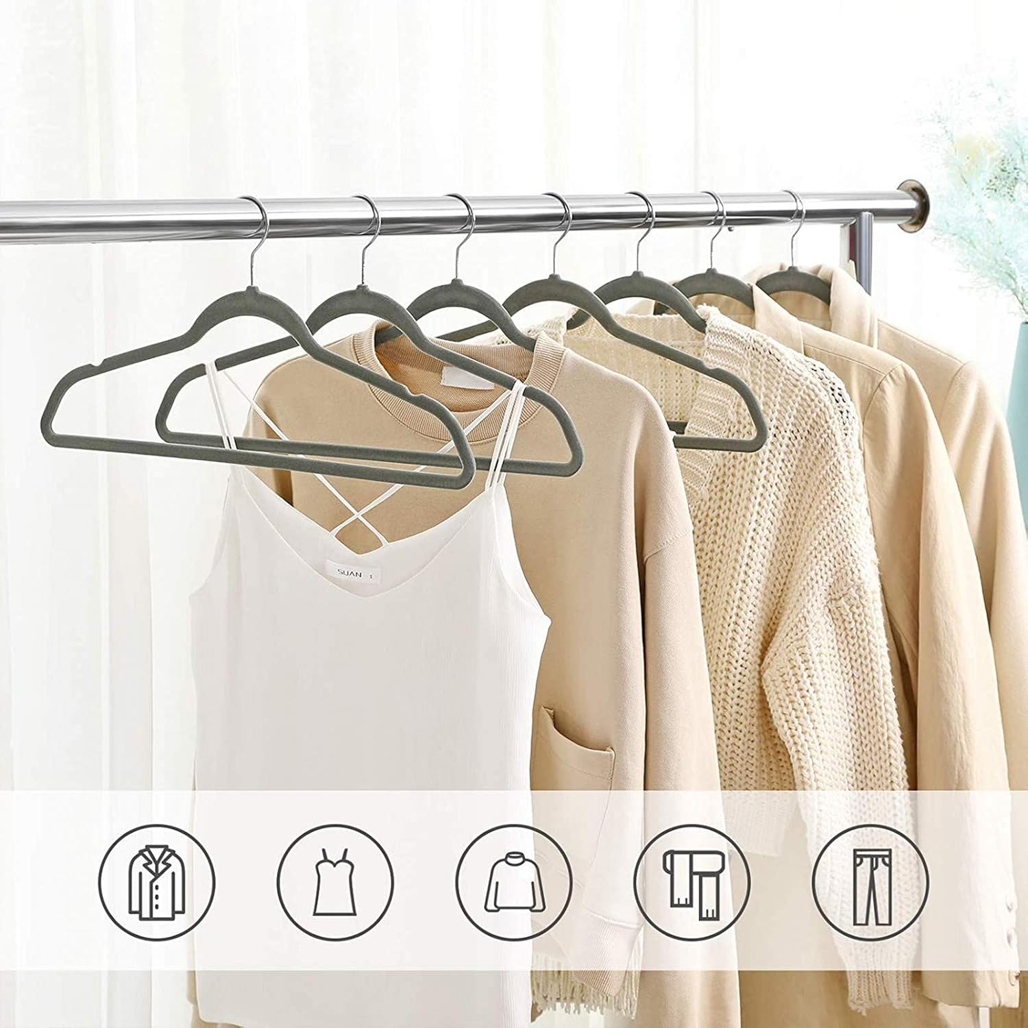 20 grucce appendiabiti in velluto di alta qualità, girevoli a 360 gradi, salvaspazio, antiscivolo, camicia, abiti, pantaloni, gonna, bianche 2
