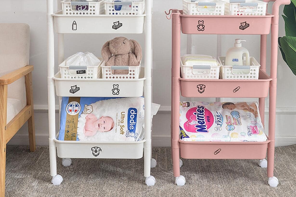 3-tier kitchen trolley with wheels and baskets - Multi-use trolley with handle and lockable wheels for kitchen, bedroom, bathroom, office and living room (pink) 2