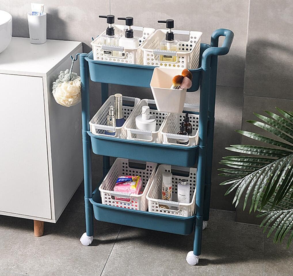 3-tier kitchen trolley with wheels and baskets - Multi-use trolley with handle and lockable wheels for kitchen, bedroom, bathroom, office and living room (pink) 3