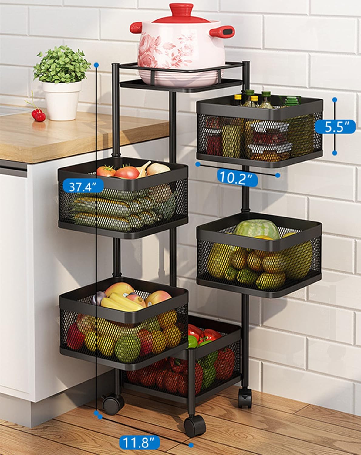 Étagère de cuisine carrée rotative avec roulettes, chariot de rangement mobile pour la cuisine, la salle de bain et le bureau pour fruits, légumes, livres et outils (5 couches) 3