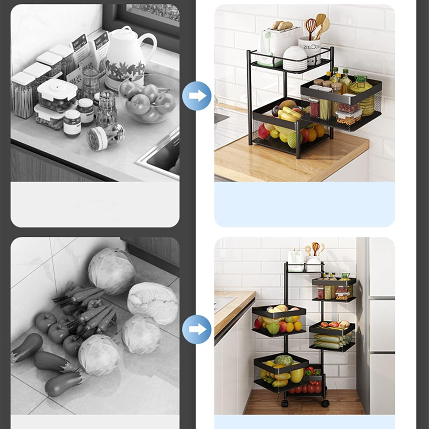 Étagère de cuisine carrée rotative avec roulettes, chariot de rangement mobile pour la cuisine, la salle de bain et le bureau pour fruits, légumes, livres et outils (5 couches) 6