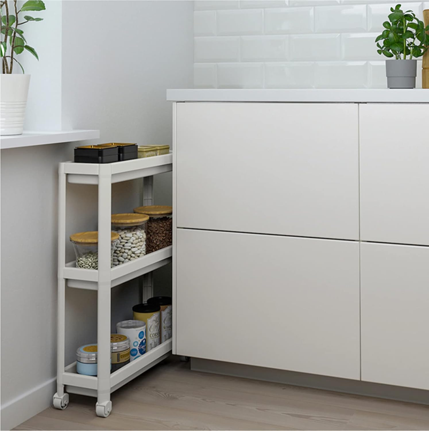 Auxiliary trolley with wheels, 3-tier shelf organizer for bathroom, living room, pantry, office, narrow spaces, 54 x 18 x 71 cm, white 3