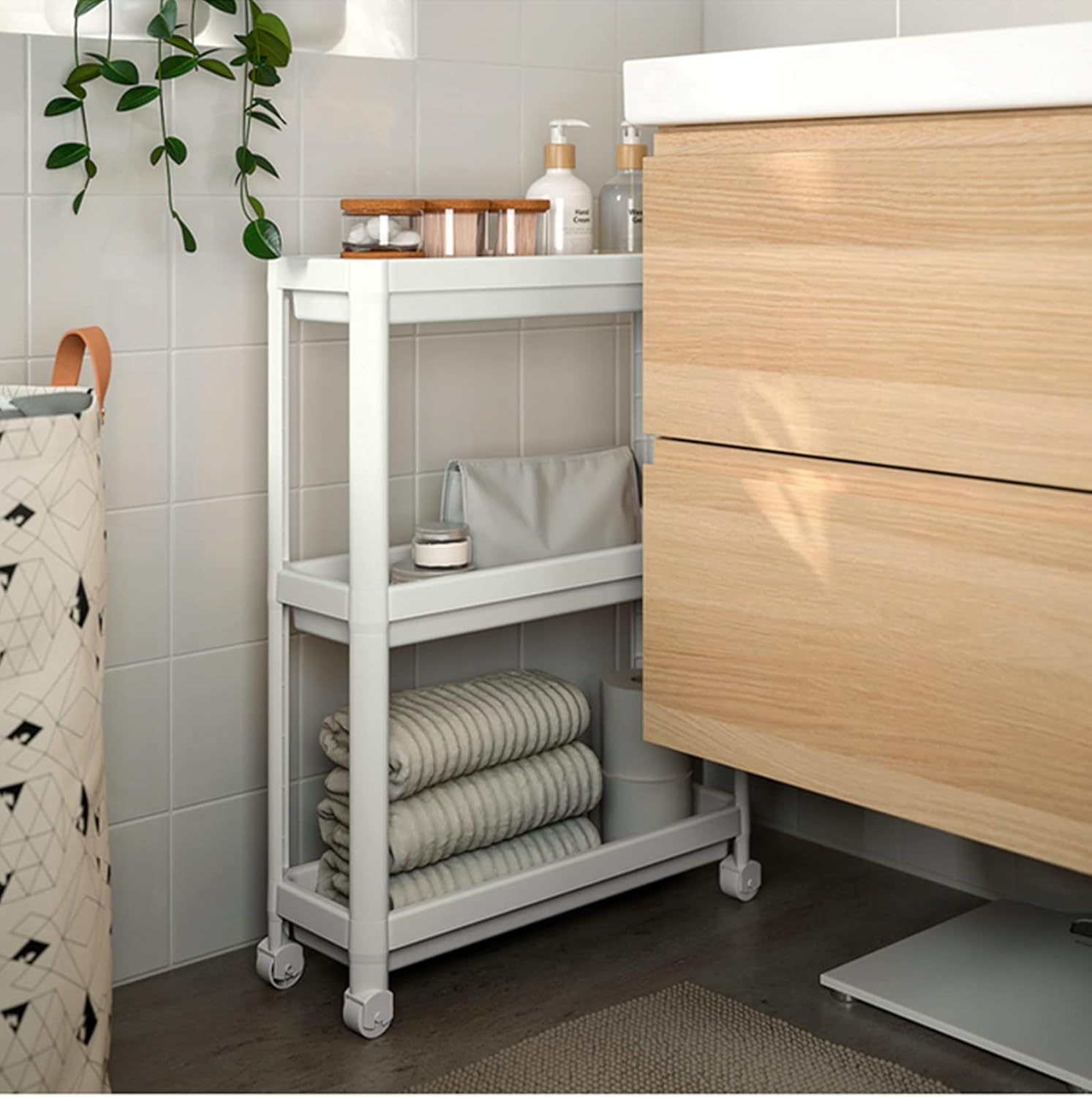 Auxiliary trolley with wheels, 3-tier shelf organizer for bathroom, living room, pantry, office, narrow spaces, 54 x 18 x 71 cm, white 4