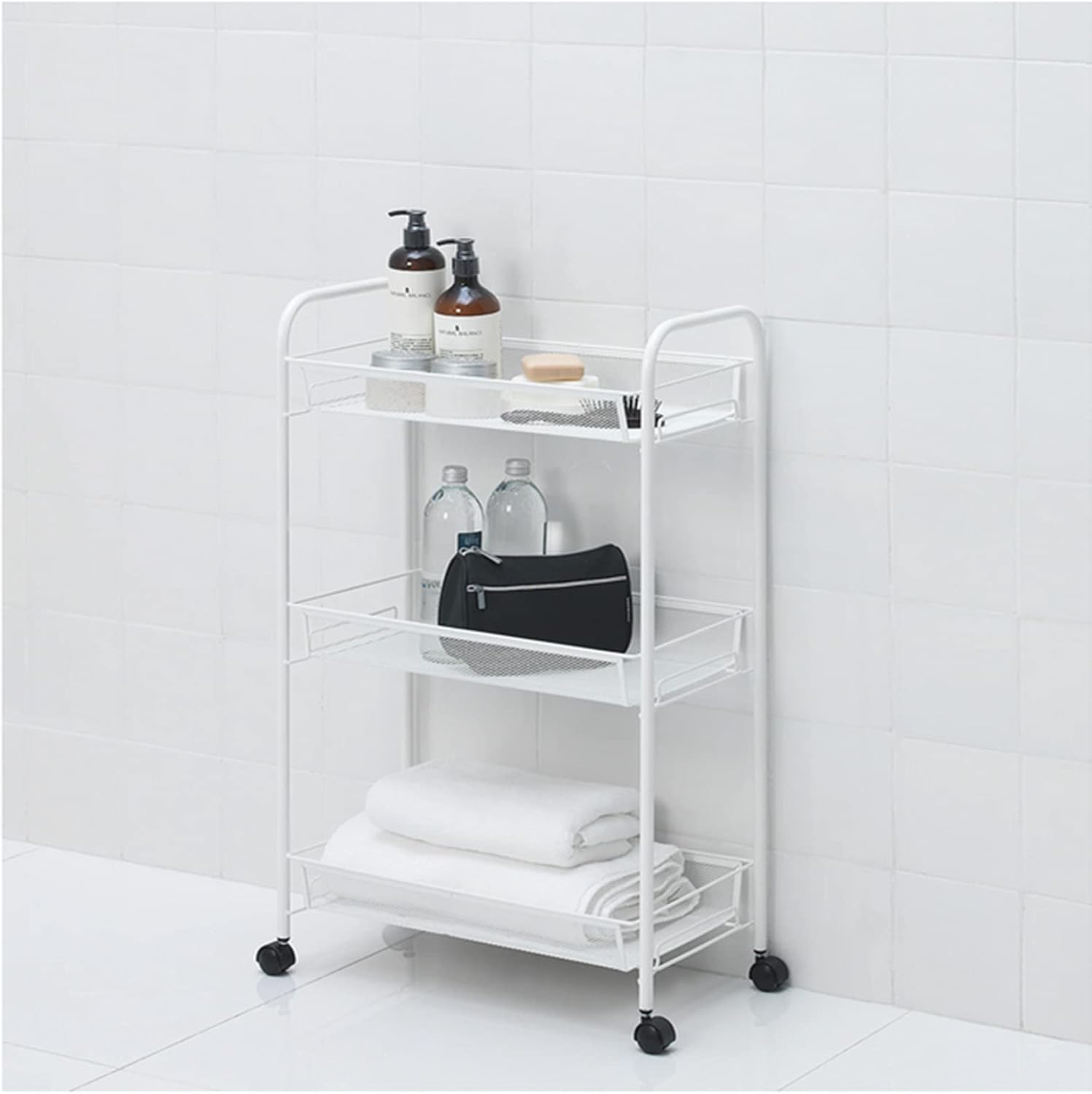 Side trolley with wheels, shelves with 3 metal mesh trays for kitchen, bathroom, living room, white, 48 x 26 x 77 cm 2