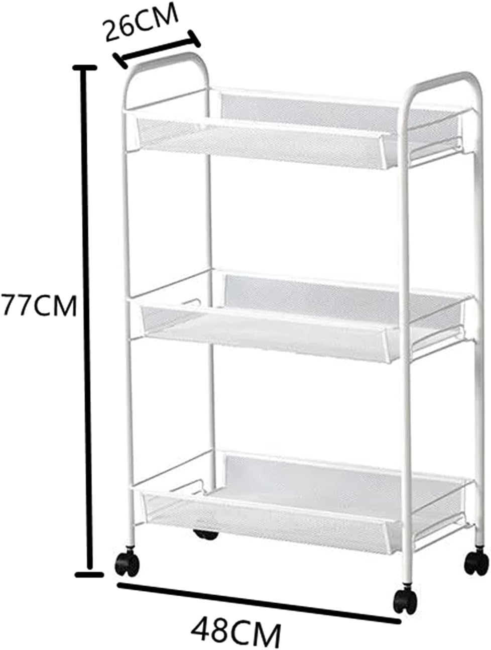 Side trolley with wheels, shelves with 3 metal mesh trays for kitchen, bathroom, living room, white, 48 x 26 x 77 cm 4