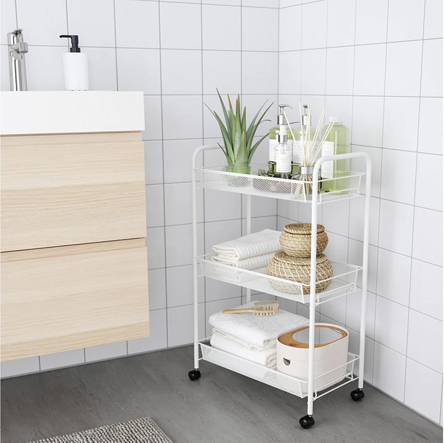 Side trolley with wheels, shelves with 3 metal mesh trays for kitchen, bathroom, living room, white, 48 x 26 x 77 cm 3