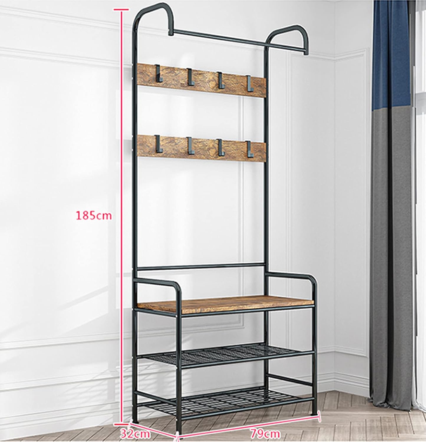 Perchero zapatero hall árbol entrada banco con almacenamiento estable estructura de metal 4 en 1 diseño para dormitorio, salón y baño. 3