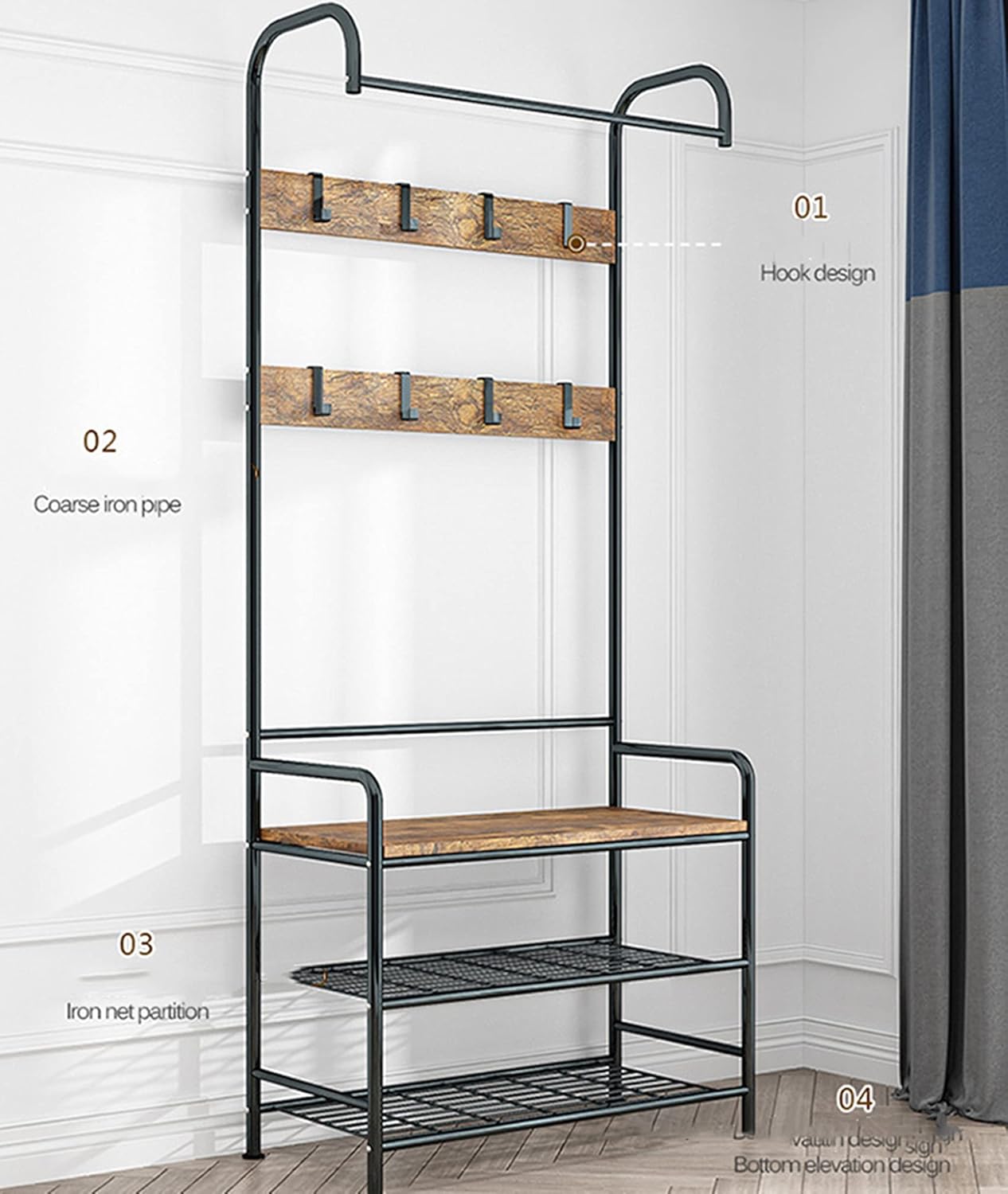 Perchero zapatero hall árbol entrada banco con almacenamiento estable estructura de metal 4 en 1 diseño para dormitorio, salón y baño. 2