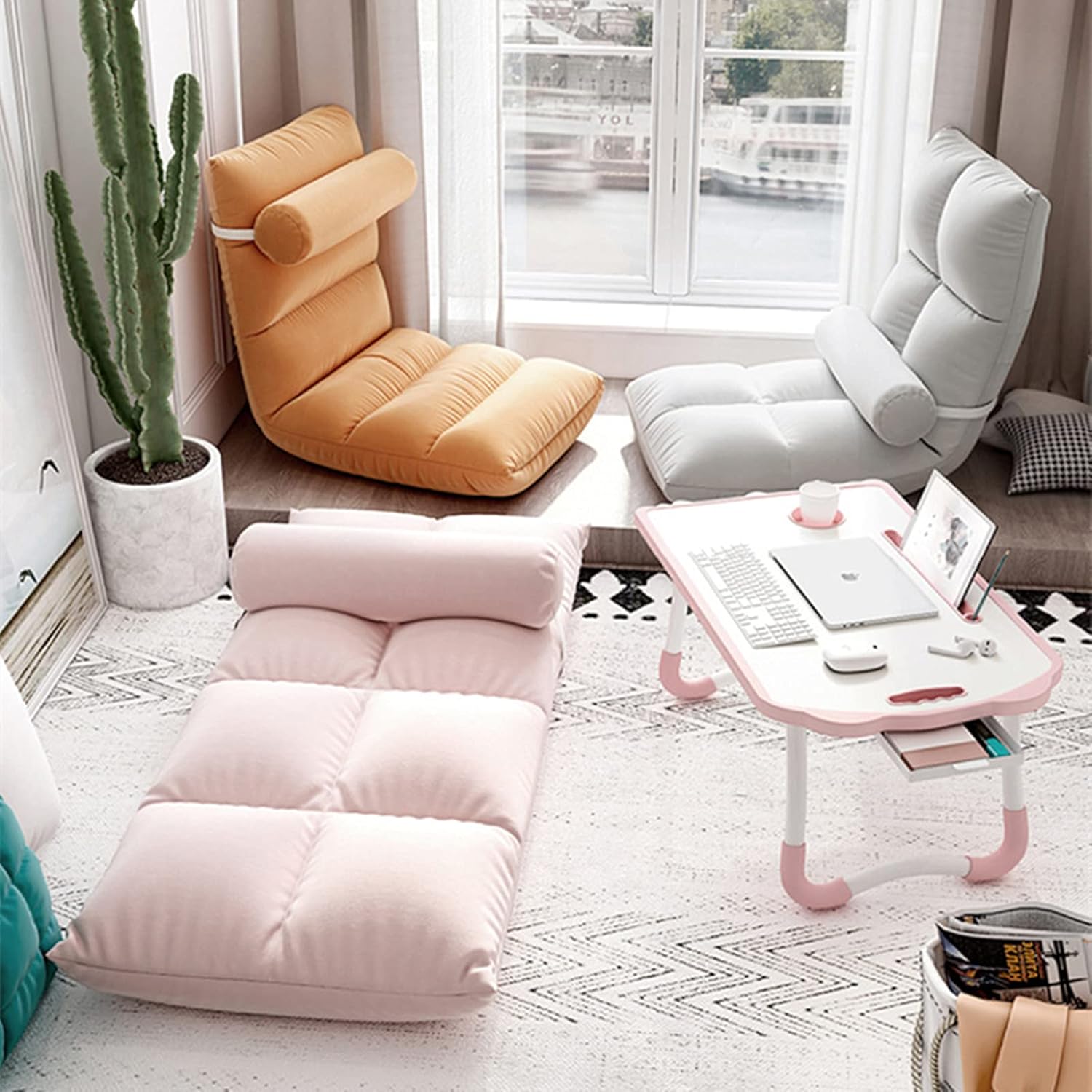 Elegant multi-angle folding floor sofa, adjustable padded folding floor chair with backrest for home and office, lounge chair for meditation or gaming (Rose) 4