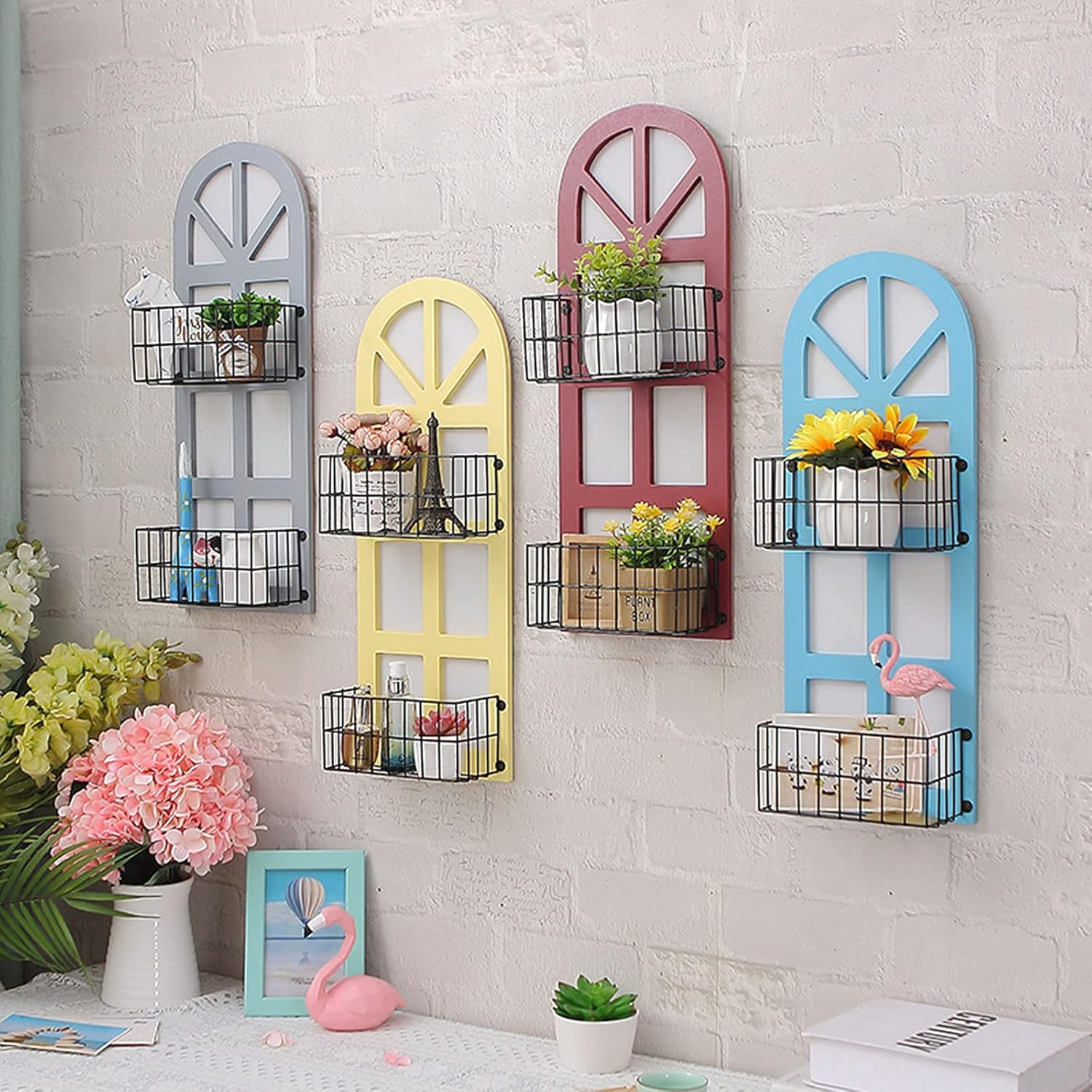 Estantería de Pared con la Forma de Casa, Decoración de Pared, Estantes Flotantes Metálico con Tablero de Madera,para Dormitorio, Salón, Cocina, Oficina,Baño (Azul) 4