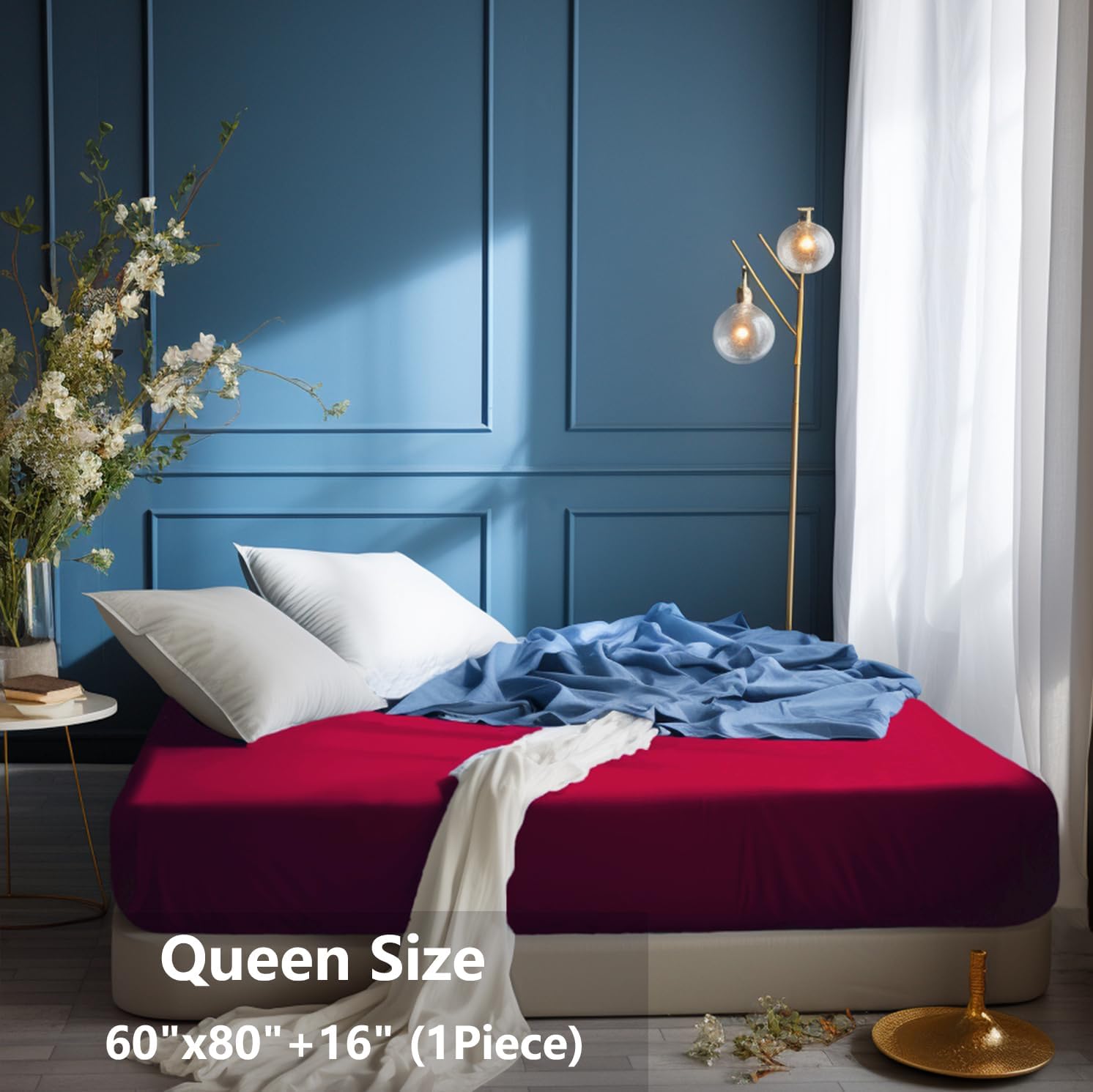 AYSW Fitted Sheet Only Queen Size Deep Pocket 16 Inches Bed Bottom Sheet 1 Piece Premium Soft and Cozy 1800 Brushed Microfiber Wrinkle Fade Resistant Wine Red Easy Care Breathable Stable Holiday 4