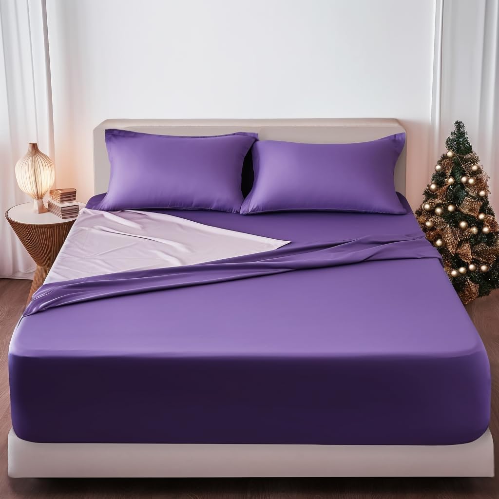 AYSW Fitted Sheet Only Full Size Deep Pocket 16 Inches Premium Soft and Cozy Bed Bottom Sheet 1800 Brushed Microfiber Wrinkle Fade Resistant Easy Care Stable Purple Holiday Décor 2