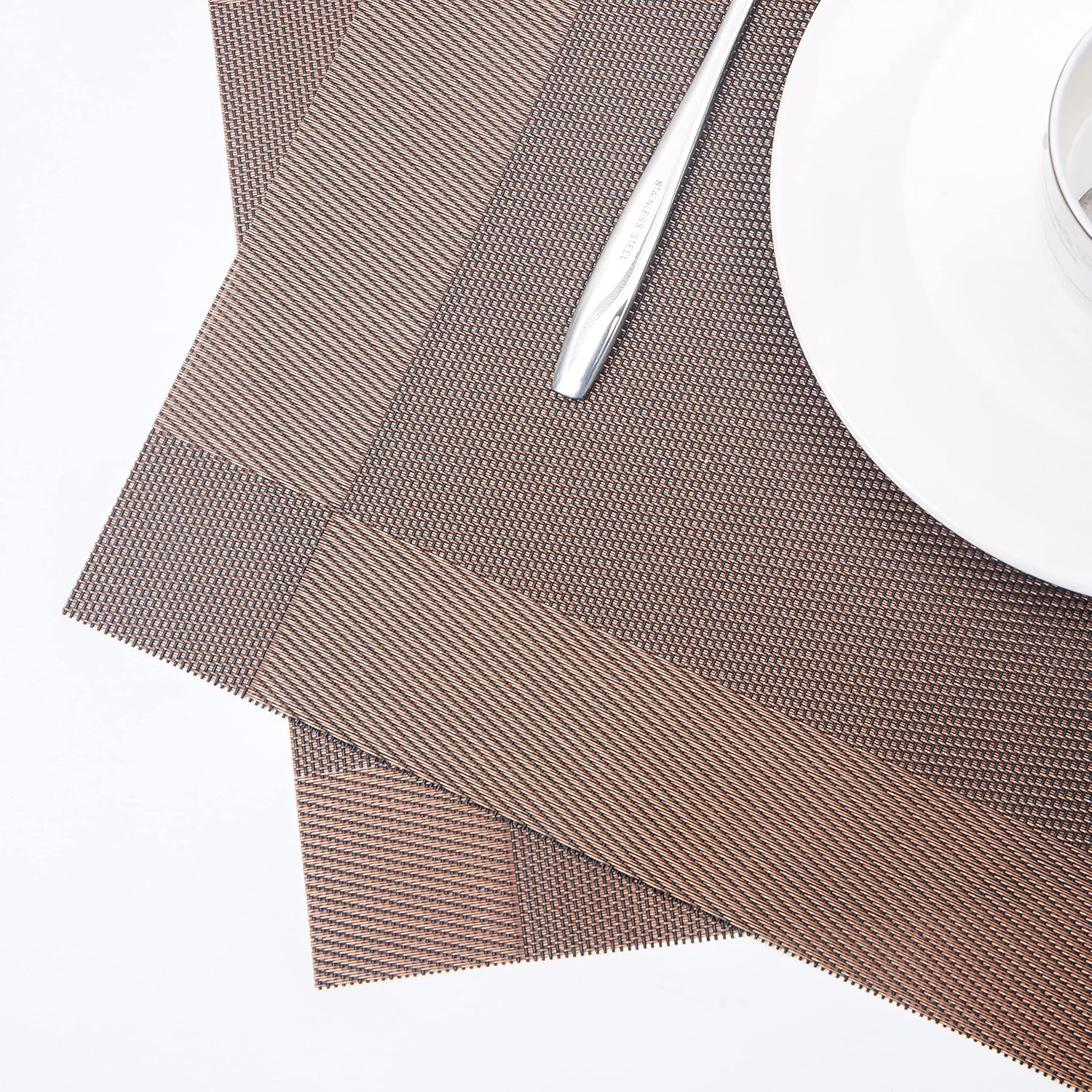AYSW Sets de Table Lot de 6 PVC Antidérapant Lavable Résiste Vinyle Set de Table 45 x 30cm Tissées pour Napperons de Cuisine Café d'or 3