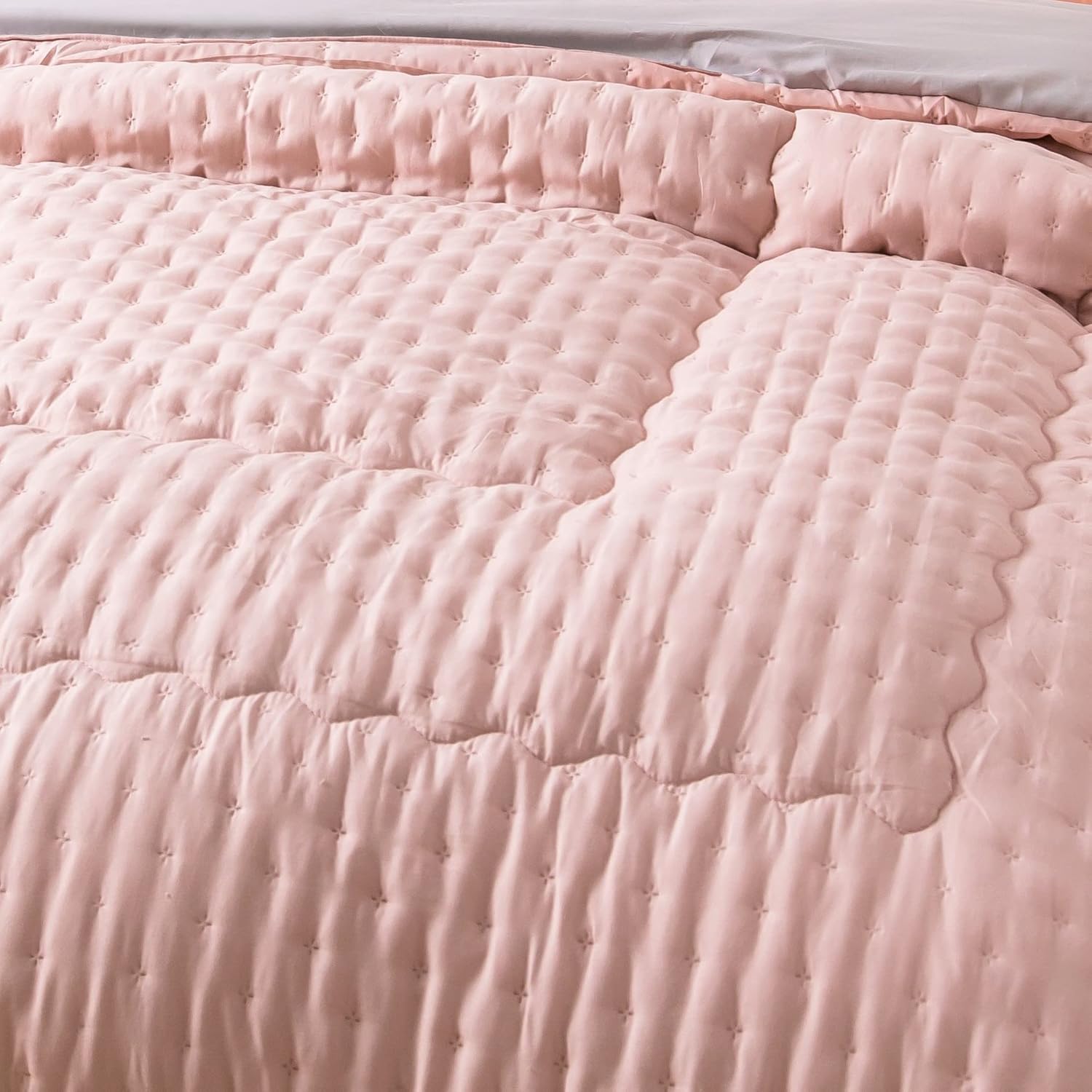 AYSW Lightweight Comforter Only Brushed Microfiber Ultra Soft Fluffy Air Comforter Twin Size for All Season Pink and Light Grey with Pompom Decoration 5