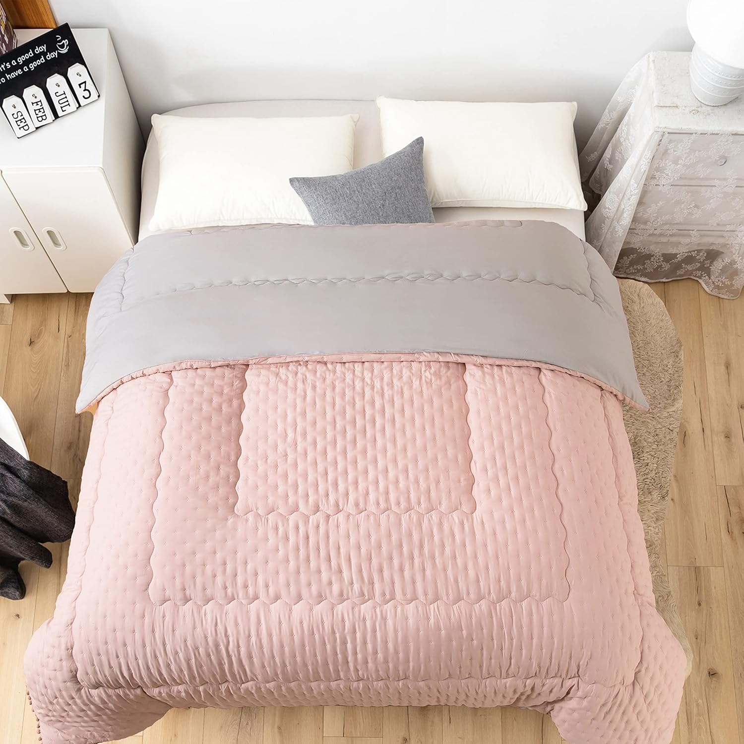 AYSW Lightweight Comforter Only Brushed Microfiber Ultra Soft Fluffy Air Comforter Twin Size for All Season Pink and Light Grey with Pompom Decoration 2