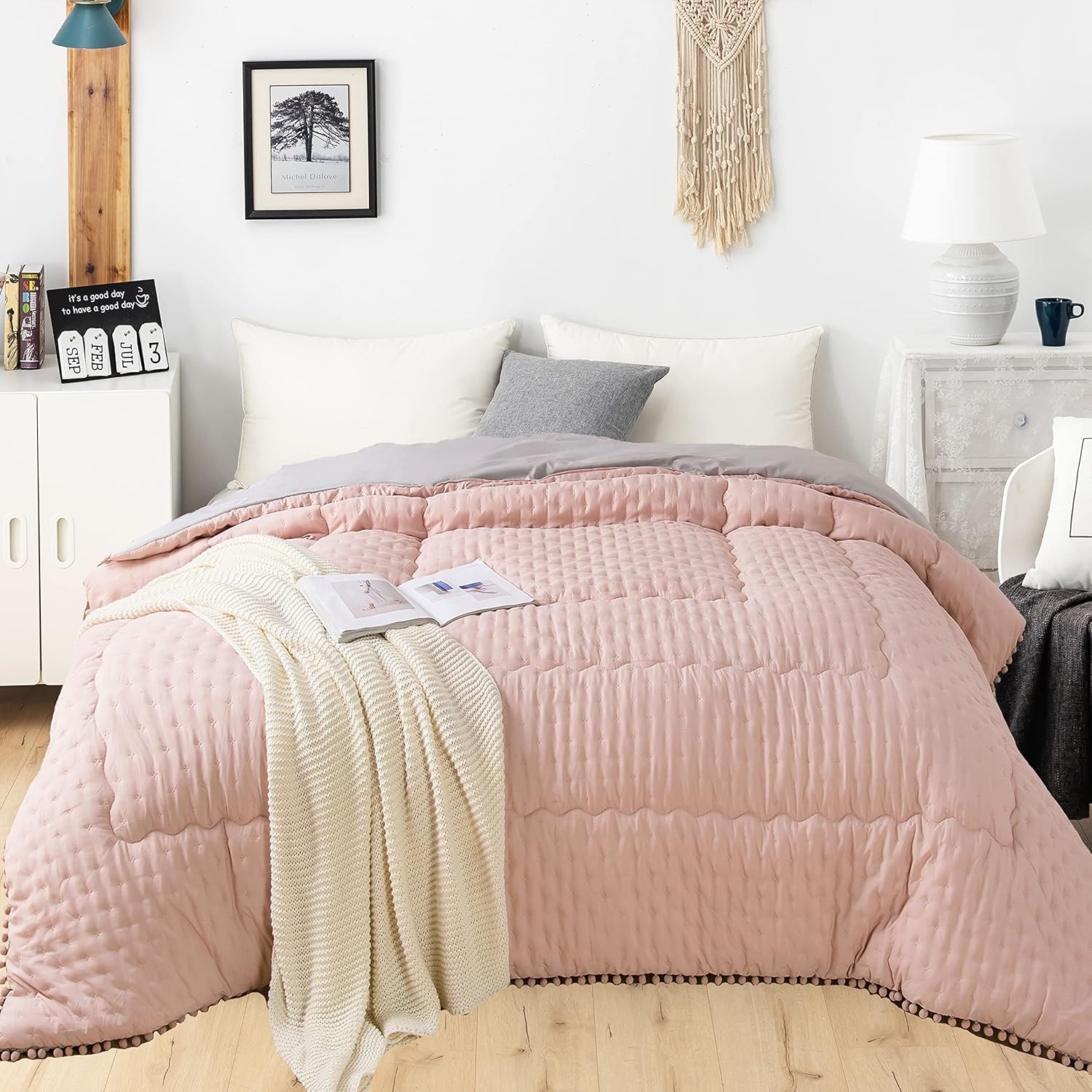 AYSW Lightweight Comforter Only Brushed Microfiber Ultra Soft Fluffy Air Comforter Twin Size for All Season Pink and Light Grey with Pompom Decoration 3