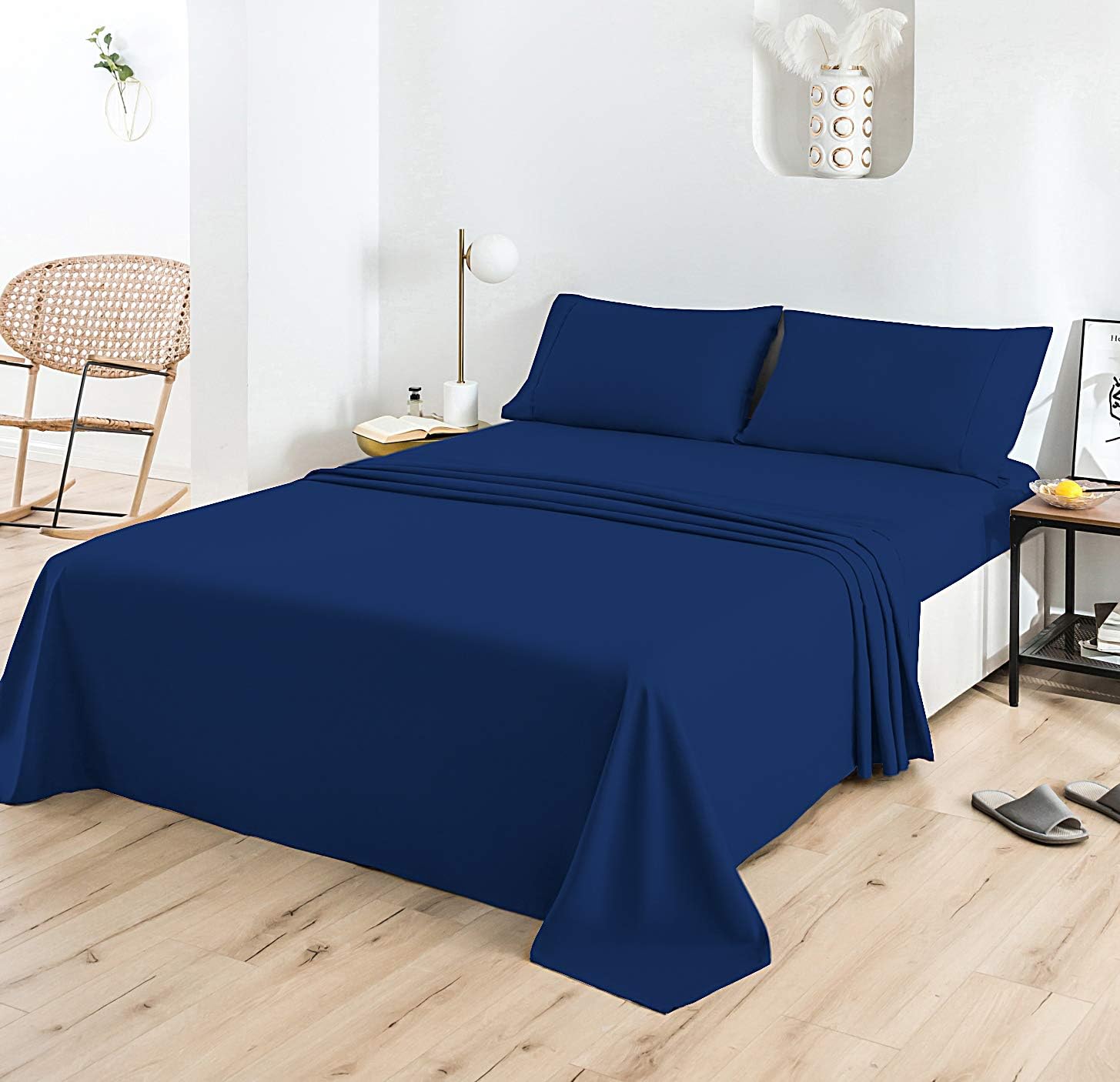 AYSW Completo Lenzuola Matrimoniali Spazzolata Microfibra Set lenzuola Matrimoniale 1 Lenzuolo con Angoli 180x200cm, 1 lenzuolo piatto di 270x290cm e 2 Federe 50x80cm Blu Navy 3