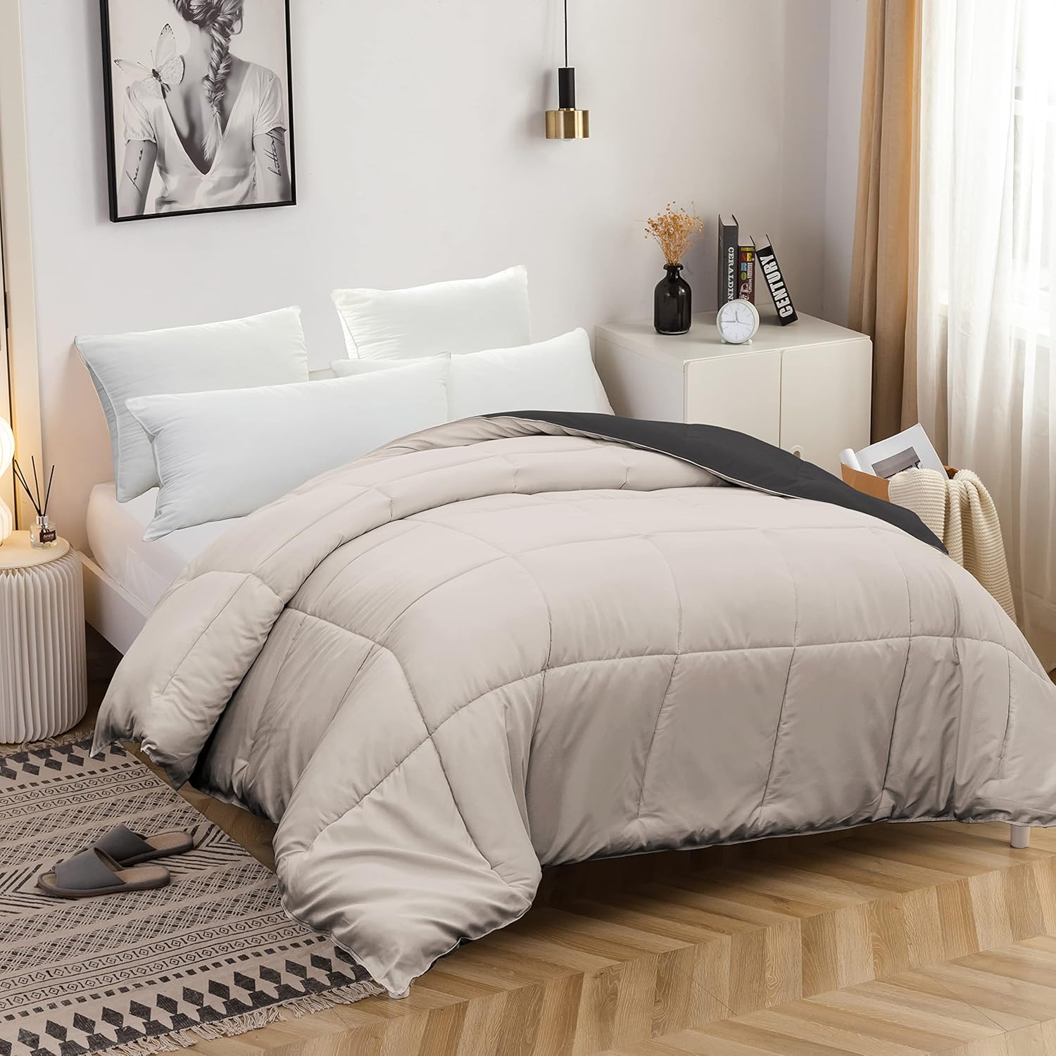 AYSW Bettdecke Zweifarbig Warm im Winter 450g/m² Dick 140x200cm Hypoallergen Zweifarbig Beige + Grau Bettdecke Reversibel 1 Person Bettdecke 2