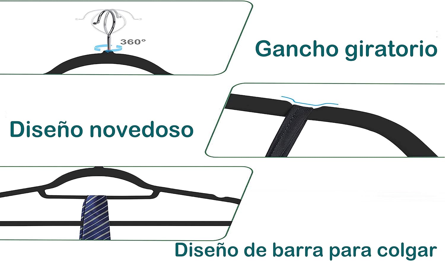 20 Perchas de Terciopelo, Antideslizantes, Gancho Giratorio, Negro Plateado, 0,6 cm de Grosor, Ahorra Espacio, para Abrigo, Vestido, Pantalones, Corbatas 3