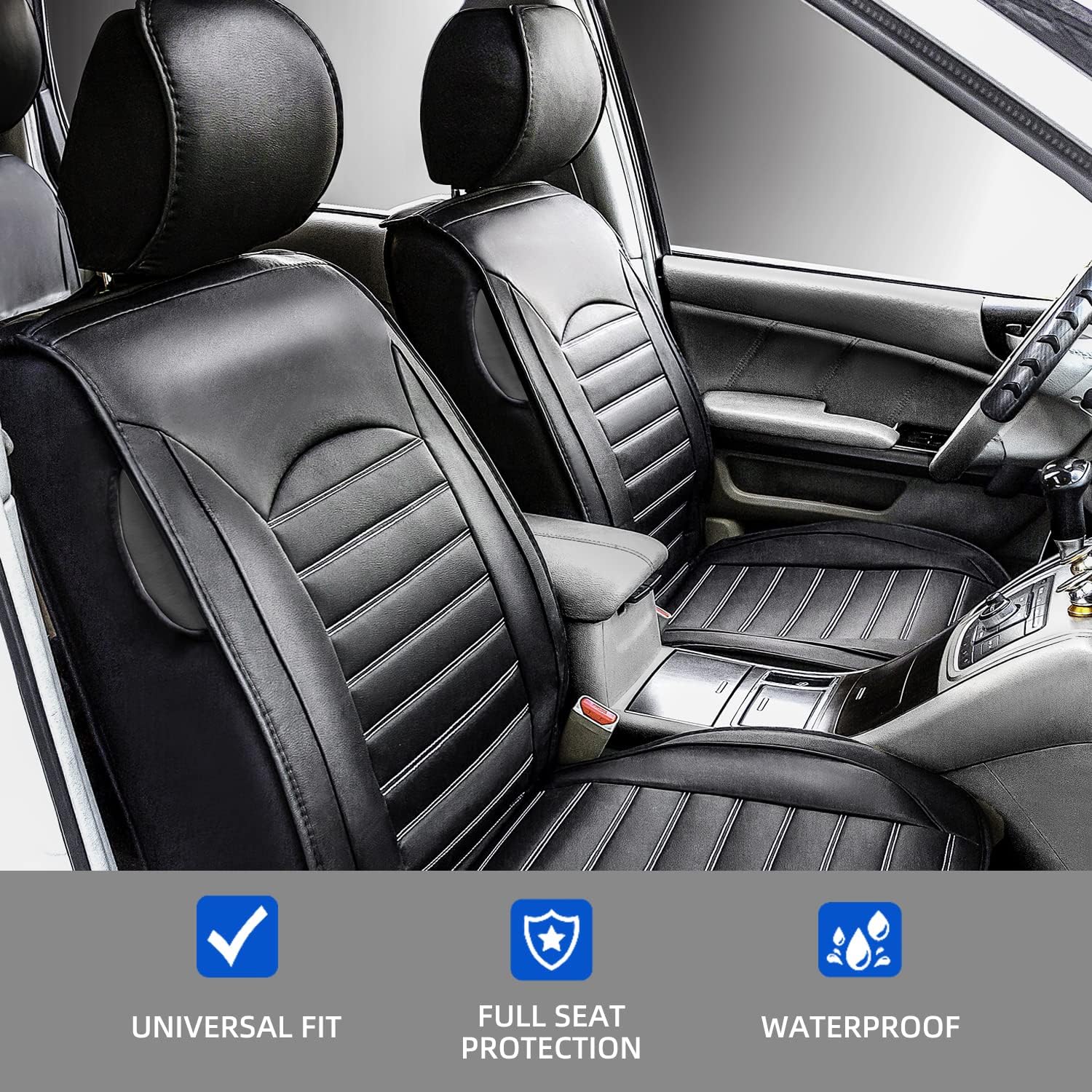 AYSW Car Seat Covers Faux Leather Automotive Breathable and Waterproof for Cars SUV Pick-up Truck Sedan, Universal Anti-Slip Driver with Backrest (Front Pair, Black) 2