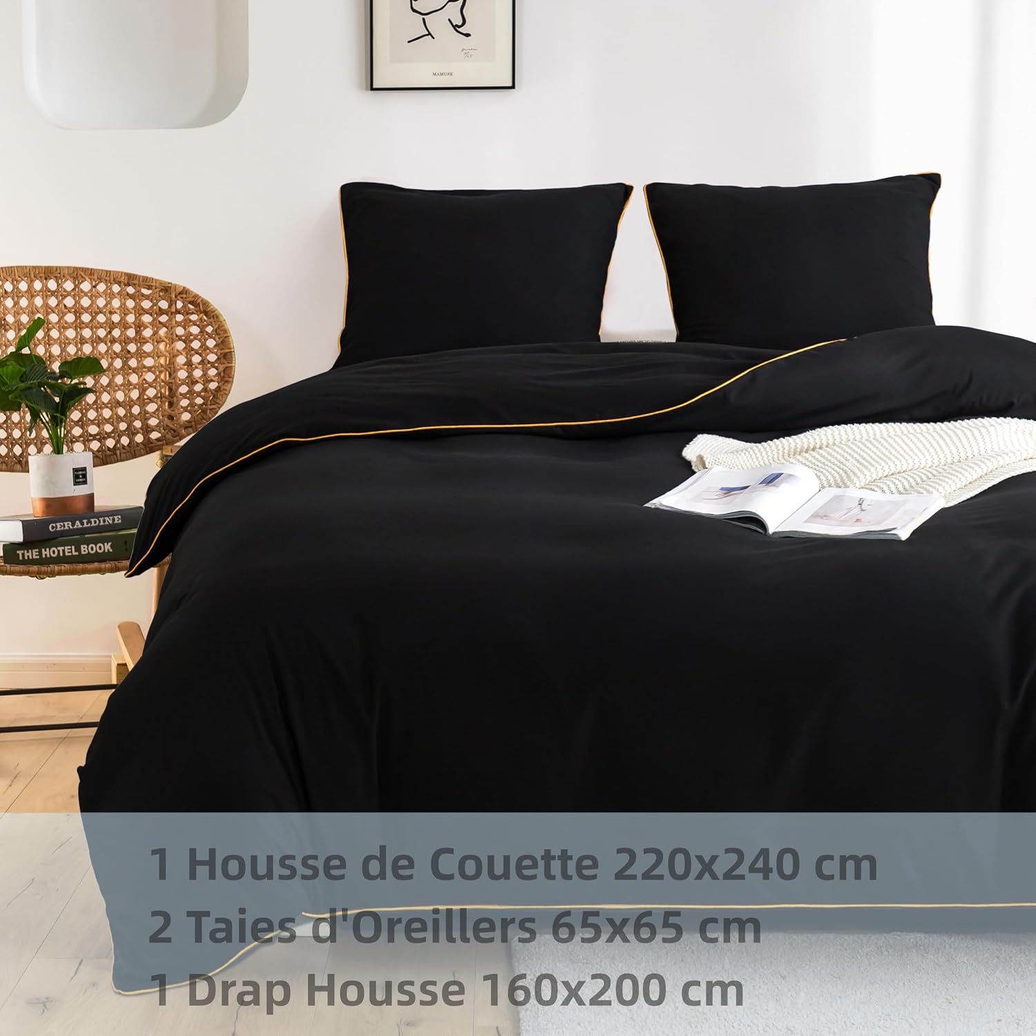 AYSW 4-Piece Bedding Set Duvet Cover 220x240cm + Fitted Sheet 160x200cm with 2 pillowcases 65x65cm Black for 2 Persons 120 Threads/cm² in Microfiber 9