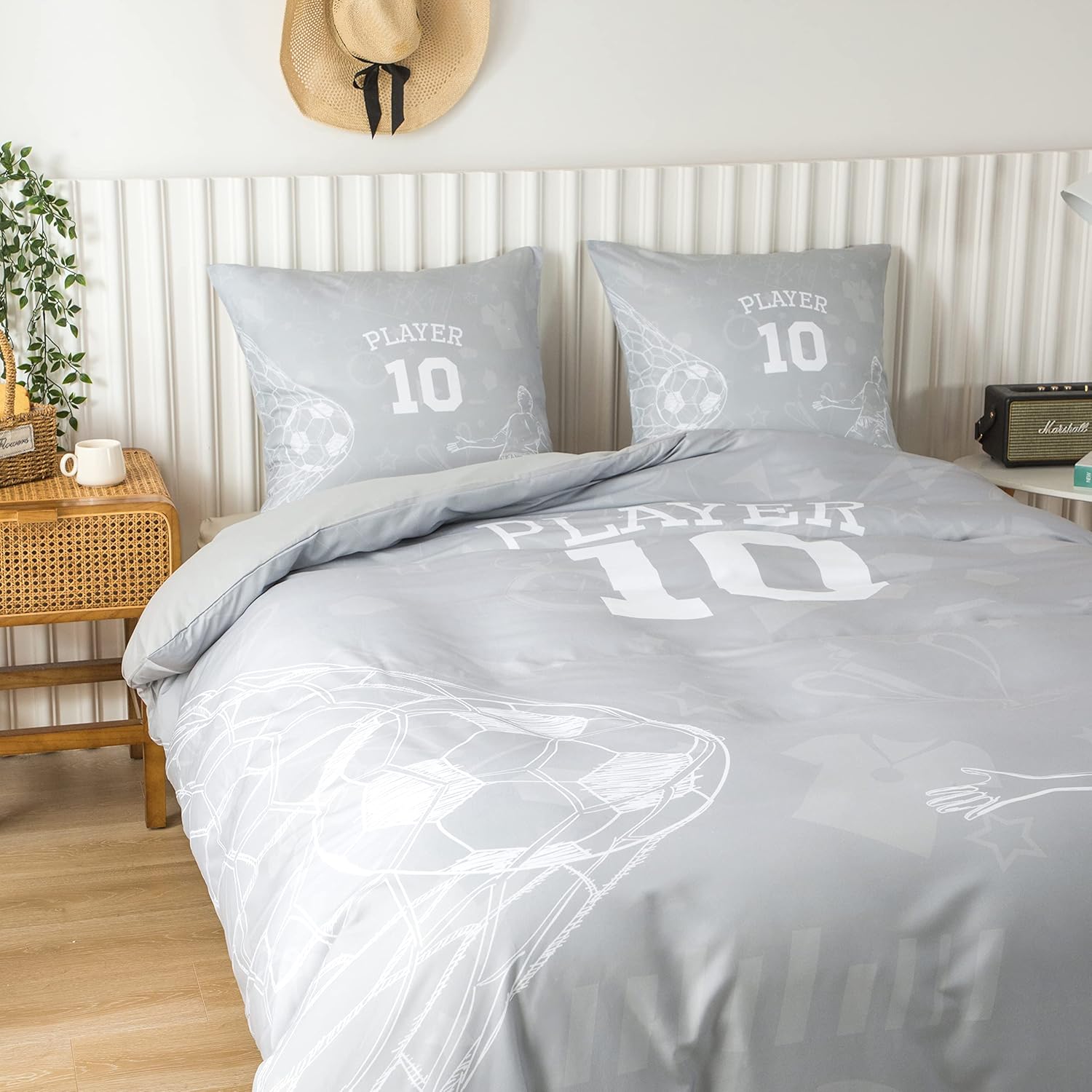 AYSW Football World Cup Duvet Cover 220x240cm+2 Pillowcases 65x65cm, 3D Bedding Set 2 Person 100 Threads/cm² in Microfiber with Zipper Grey White 3