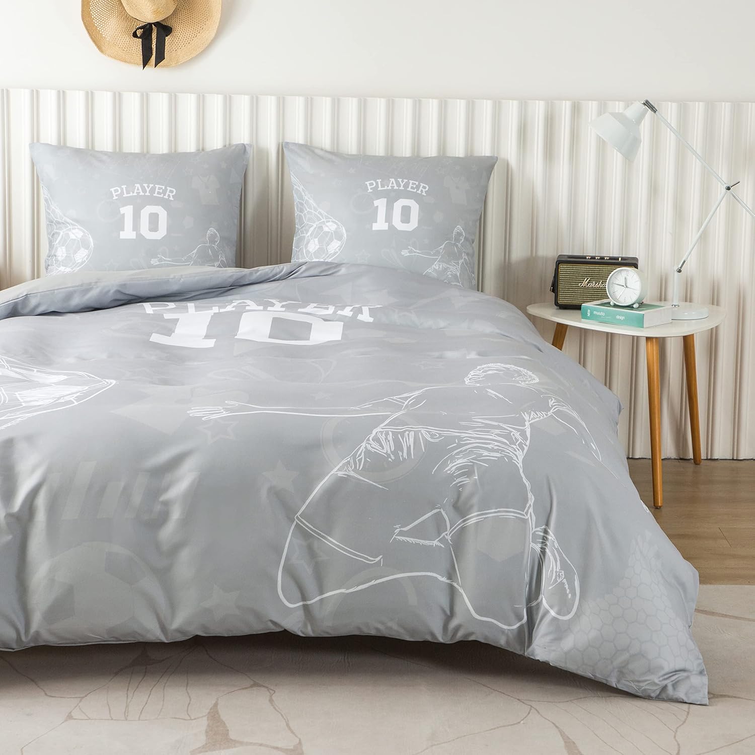 AYSW Football World Cup Duvet Cover 220x240cm+2 Pillowcases 65x65cm, 3D Bedding Set 2 Person 100 Threads/cm² in Microfiber with Zipper Grey White 4