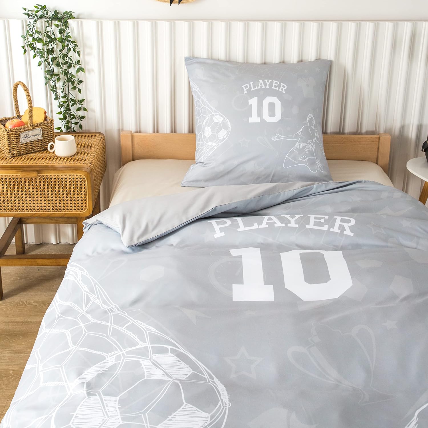 AYSW Football World Cup Duvet Cover 140x200cm+1 Pillowcase 65x65cm, 3D Single Bedding Set 100 Threads/cm² in Microfiber with Zipper Grey White 2
